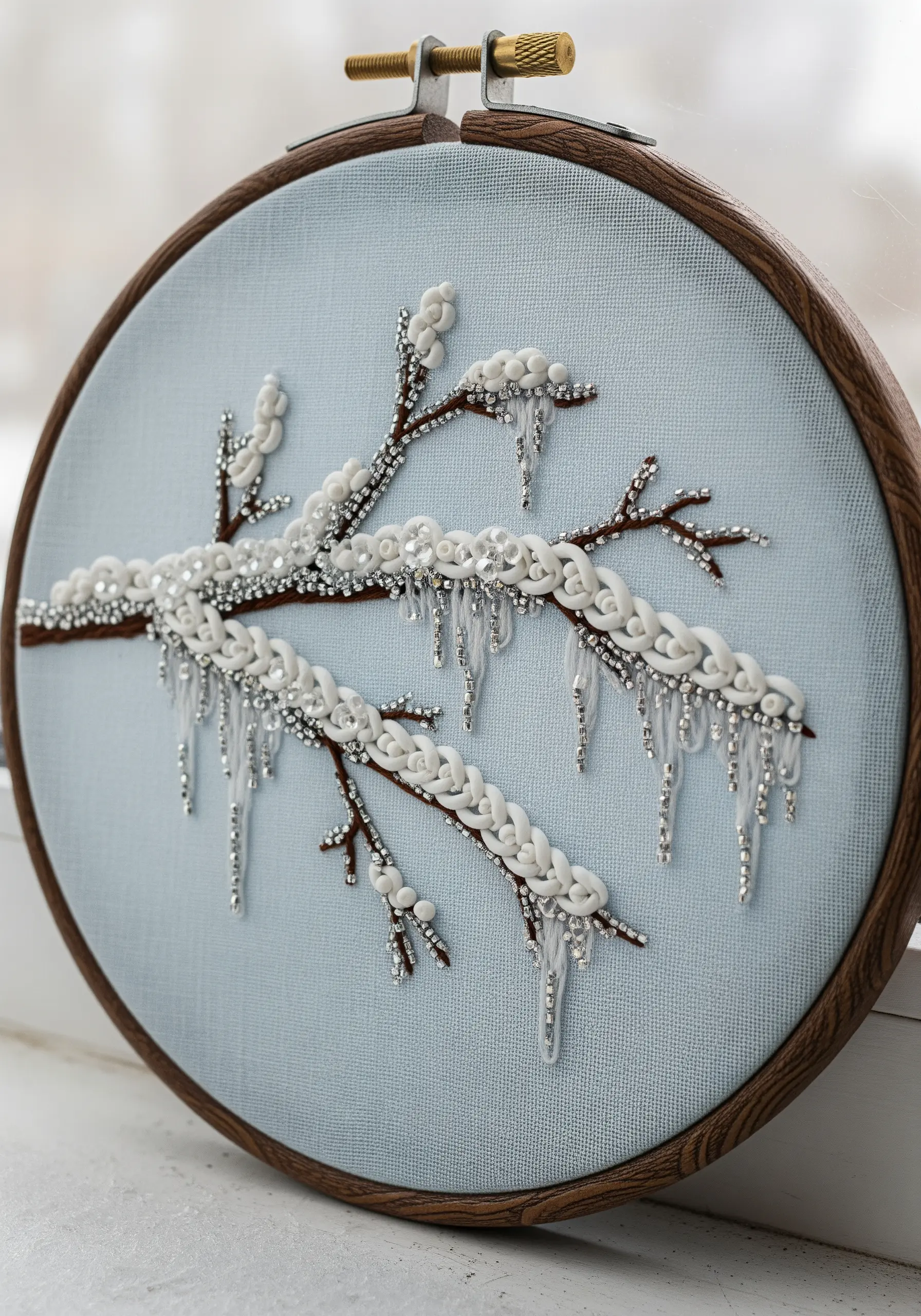 An embroidered branch covered in white bullion knots and dripping beaded icicles.