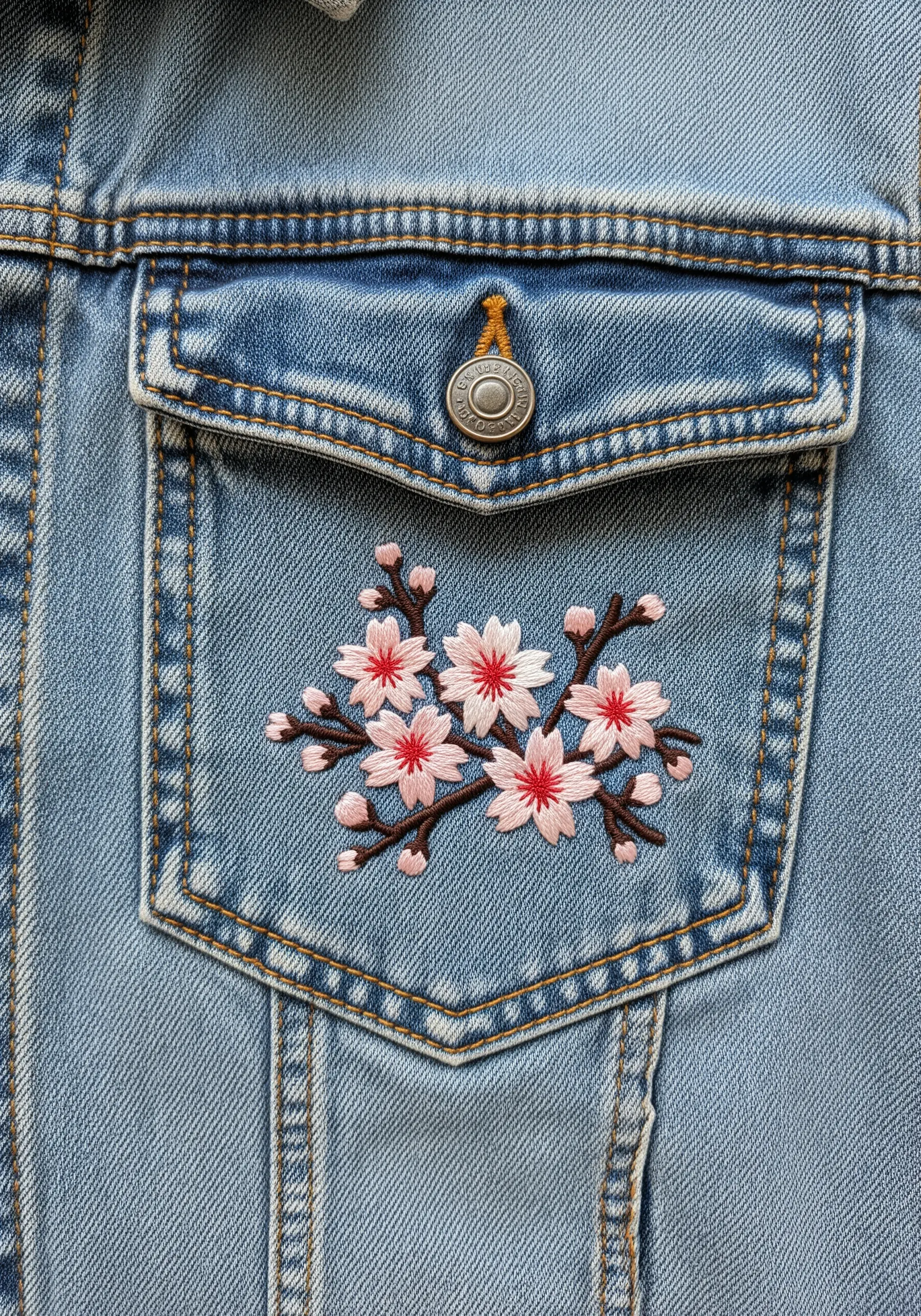 Cherry blossom branch embroidered on the pocket of a blue denim jacket.