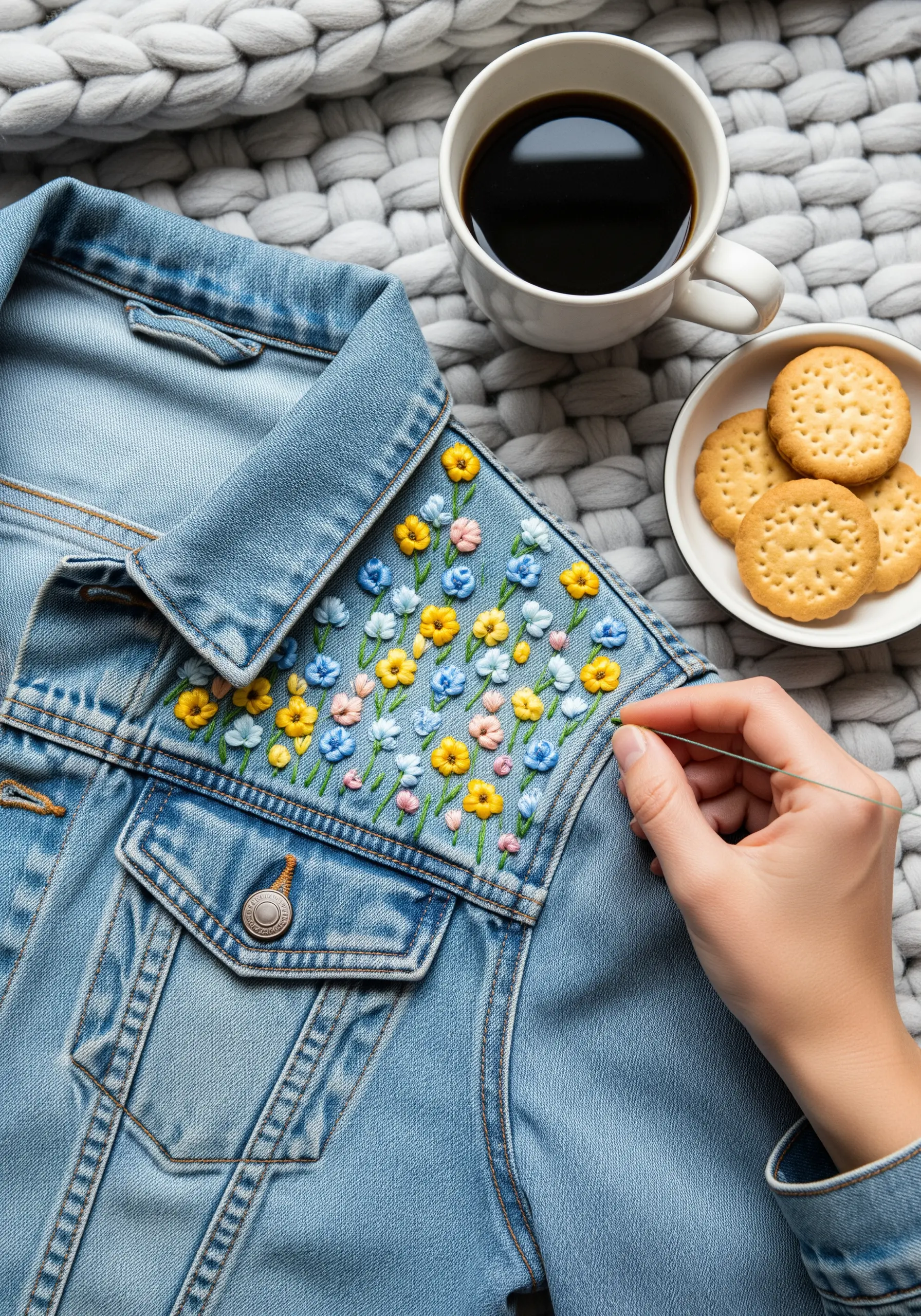 Hand embroidering colorful, high-texture flowers on the shoulder of a denim jacket.
