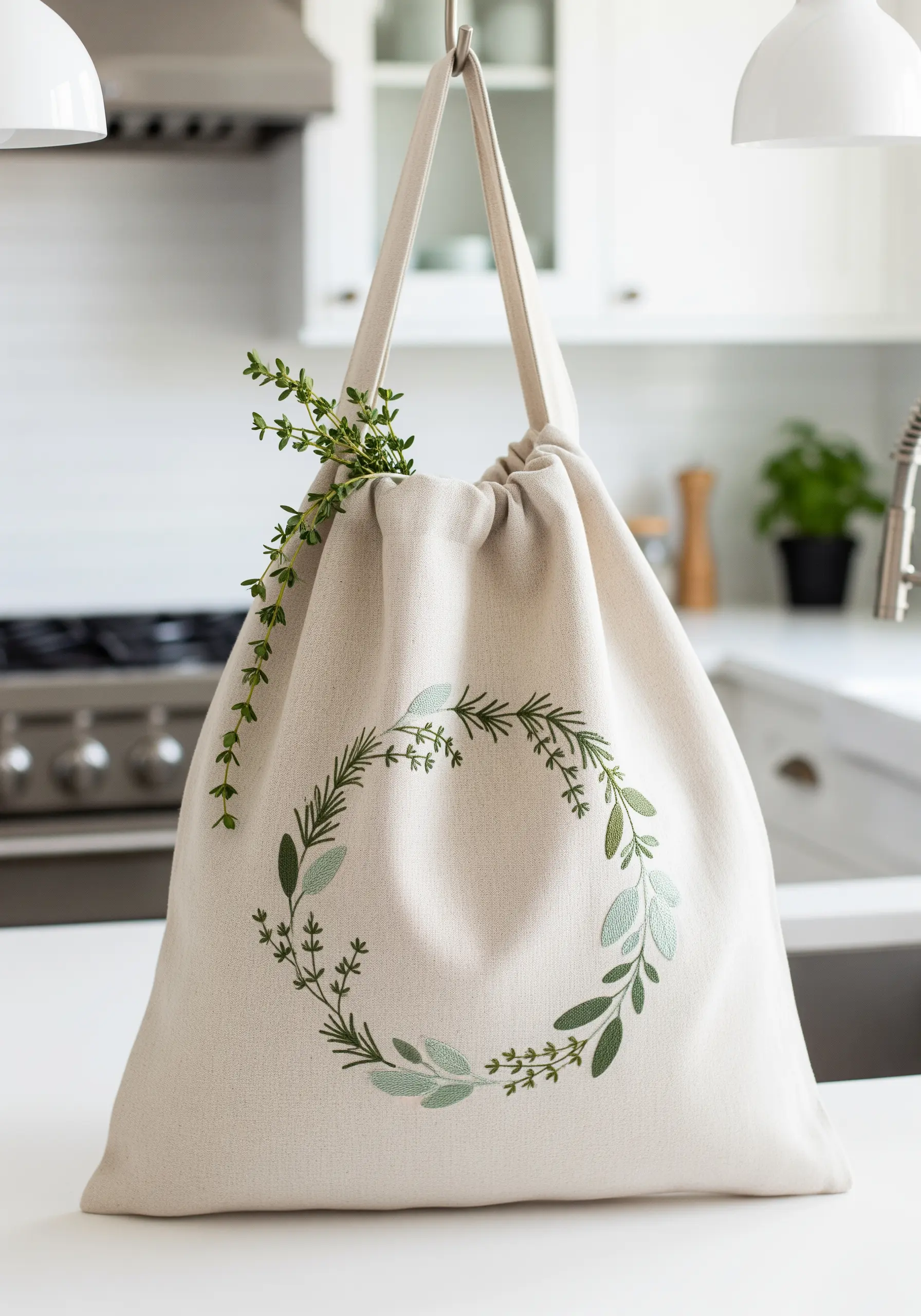 A simple wreath of green herbs embroidered on a natural linen drawstring tote bag.