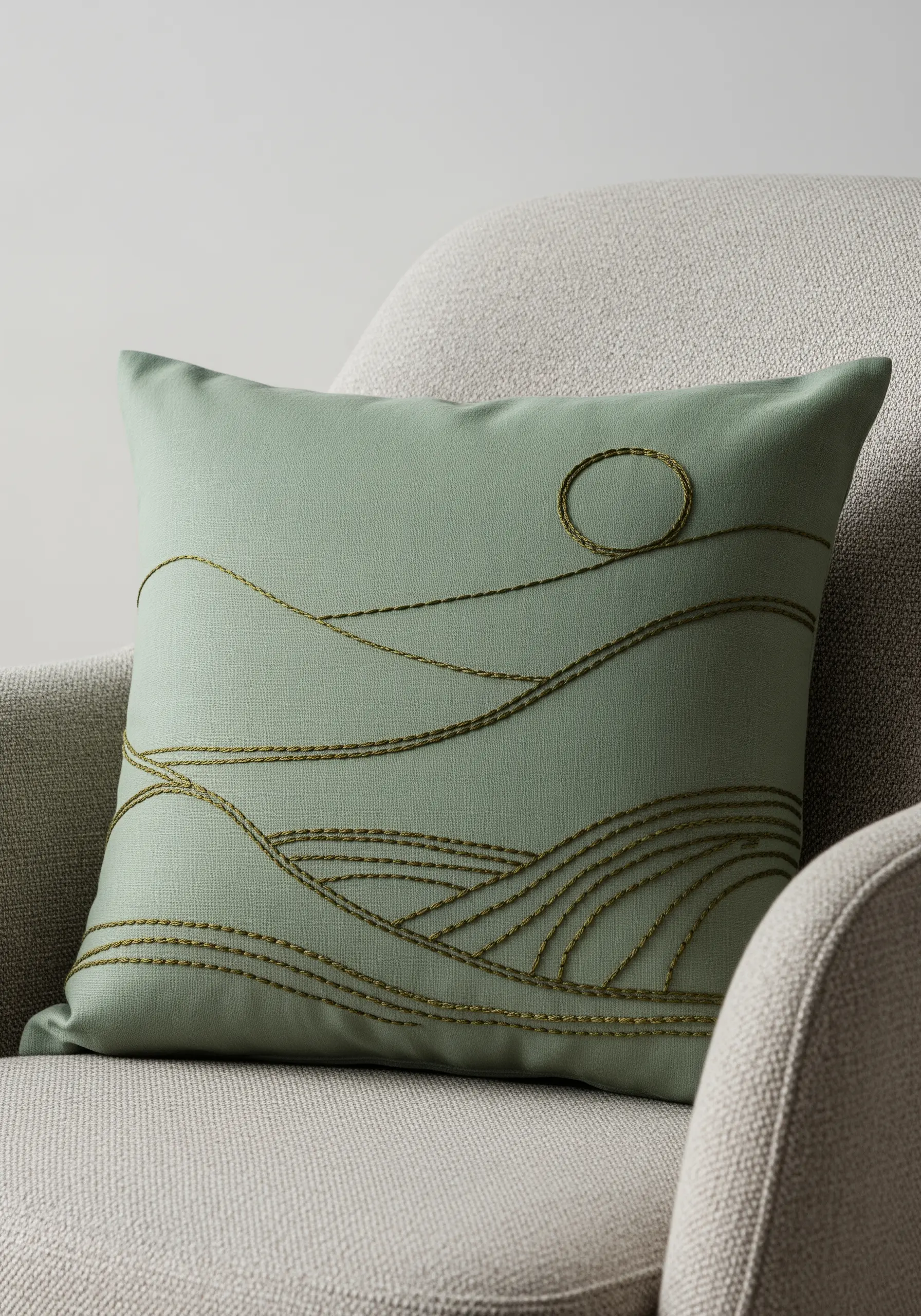 Olive green thread creating a minimalist landscape on a sage green pillow.