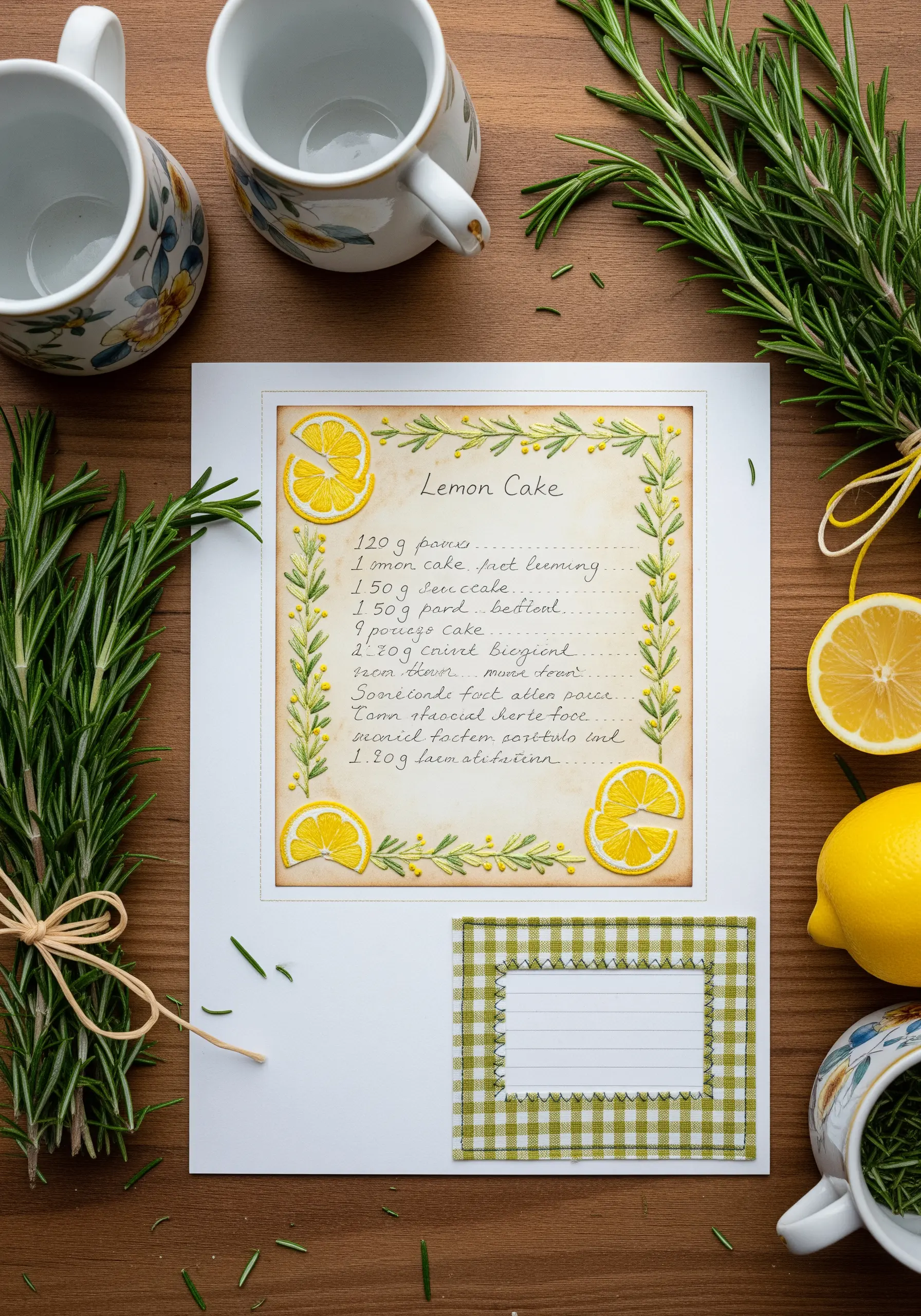 A handwritten lemon cake recipe card with embroidered lemons and rosemary sprigs.
