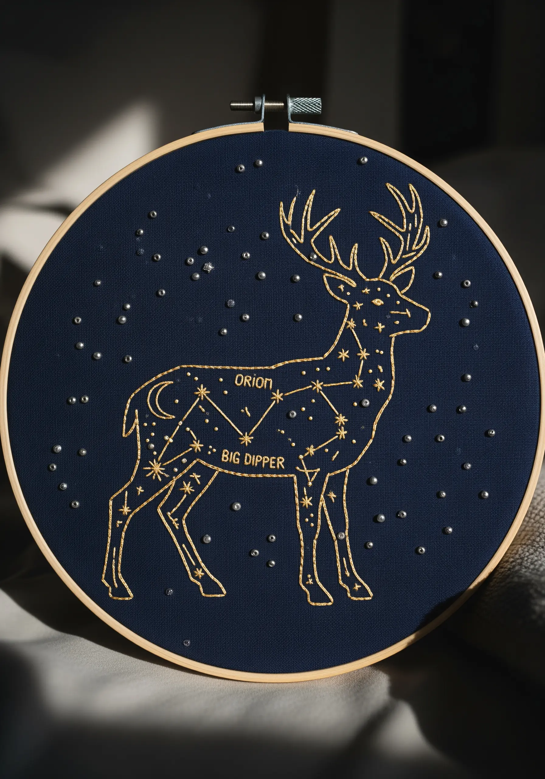 Gold thread embroidery of a deer constellation with beadwork stars