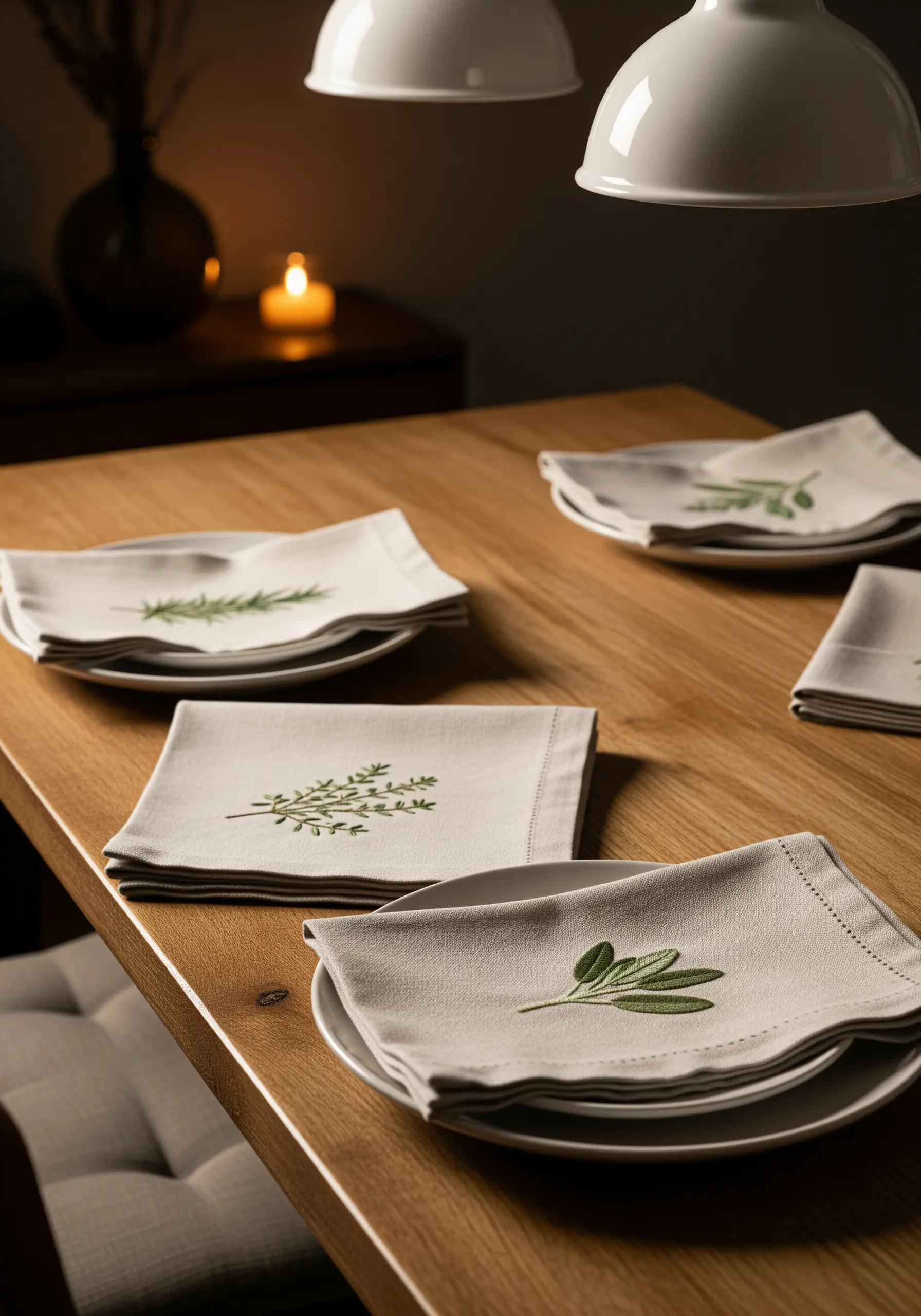 Linen napkins embroidered with delicate green herbal sprigs like sage and rosemary.