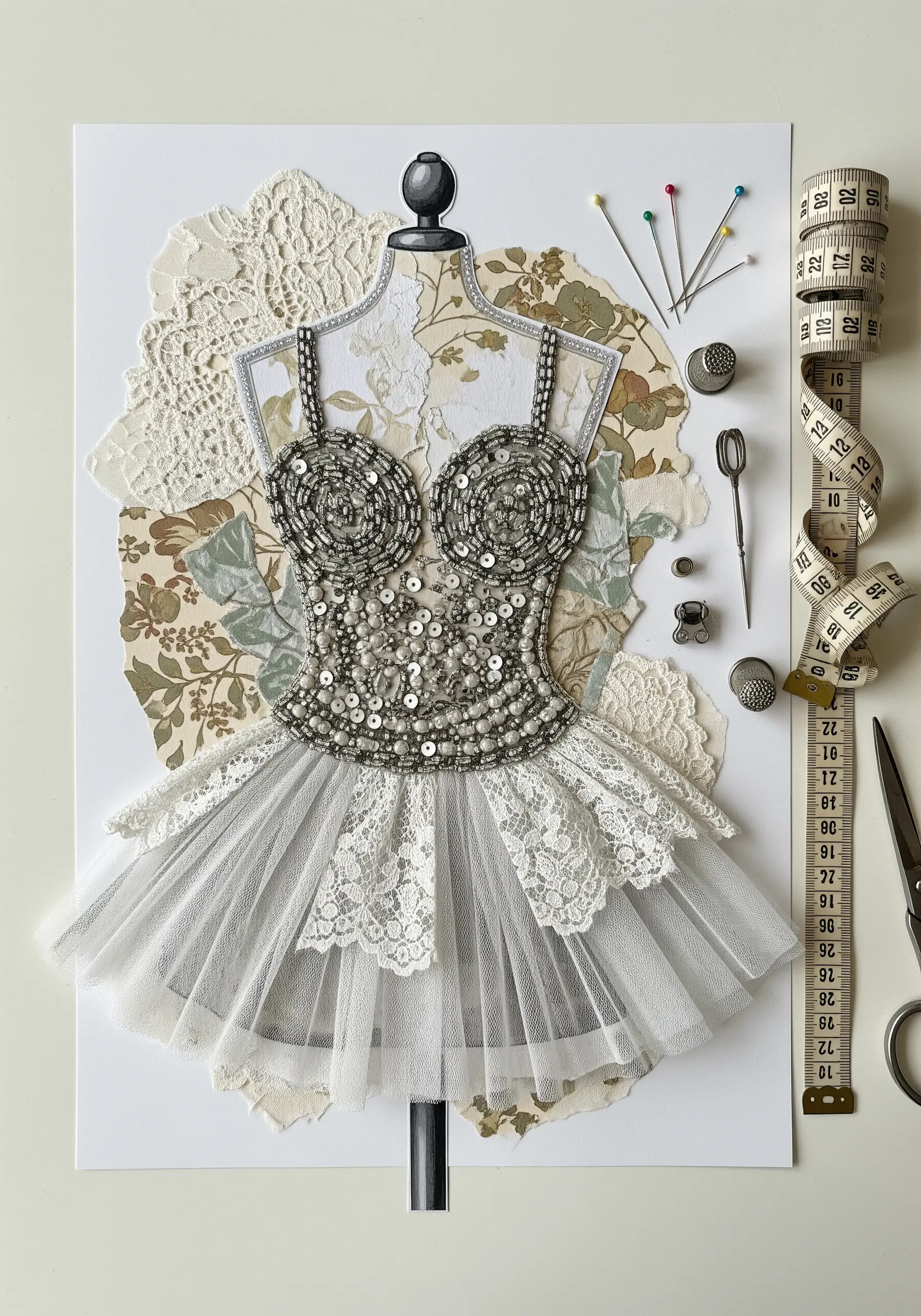 A collage of a dress form featuring a bodice heavily embellished with silver beads and sequins.