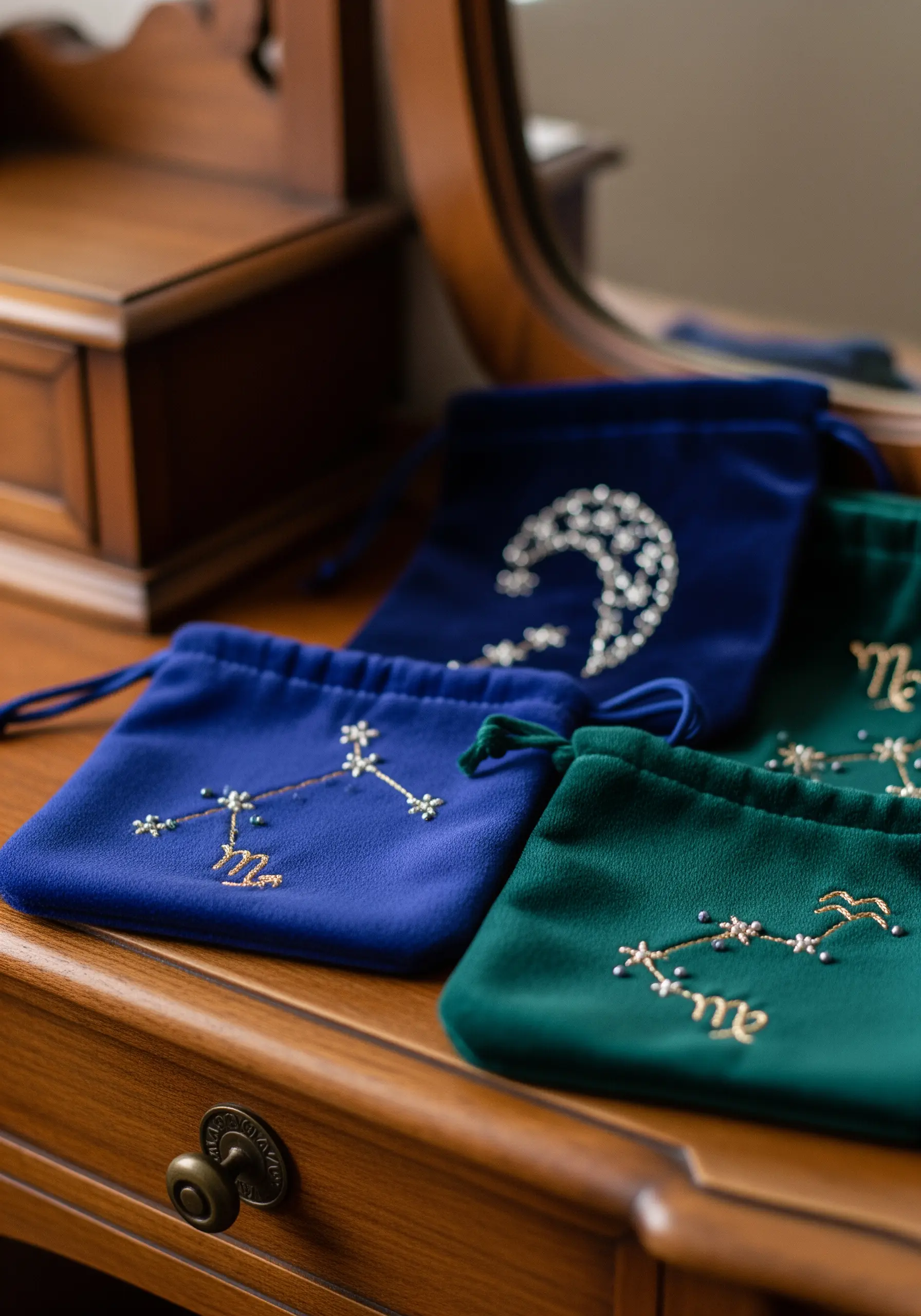 Blue and green velvet drawstring pouches embroidered with zodiac constellations using metallic thread and beads.