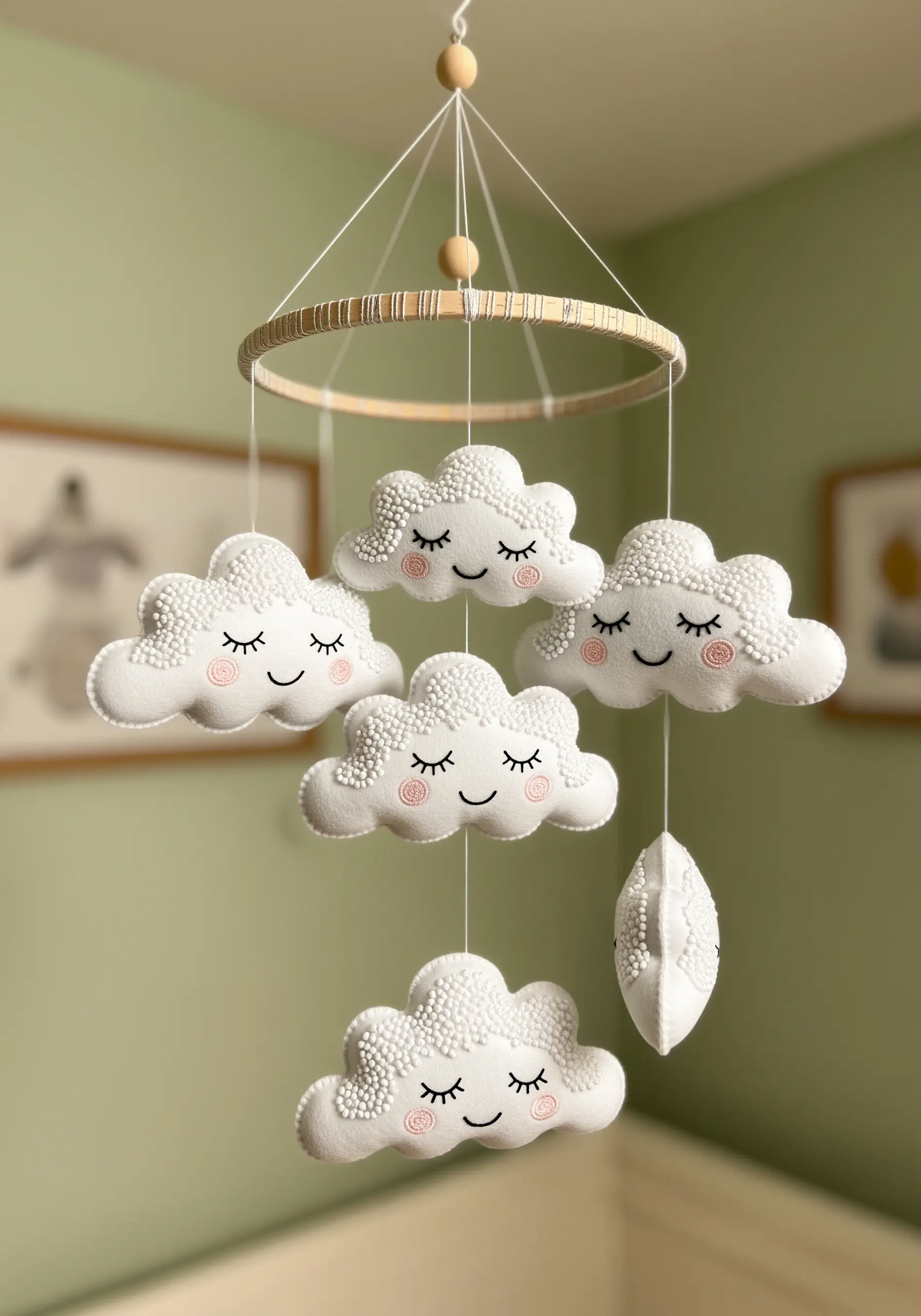 Plush felt clouds for a nursery mobile, decorated with beads and embroidered faces.