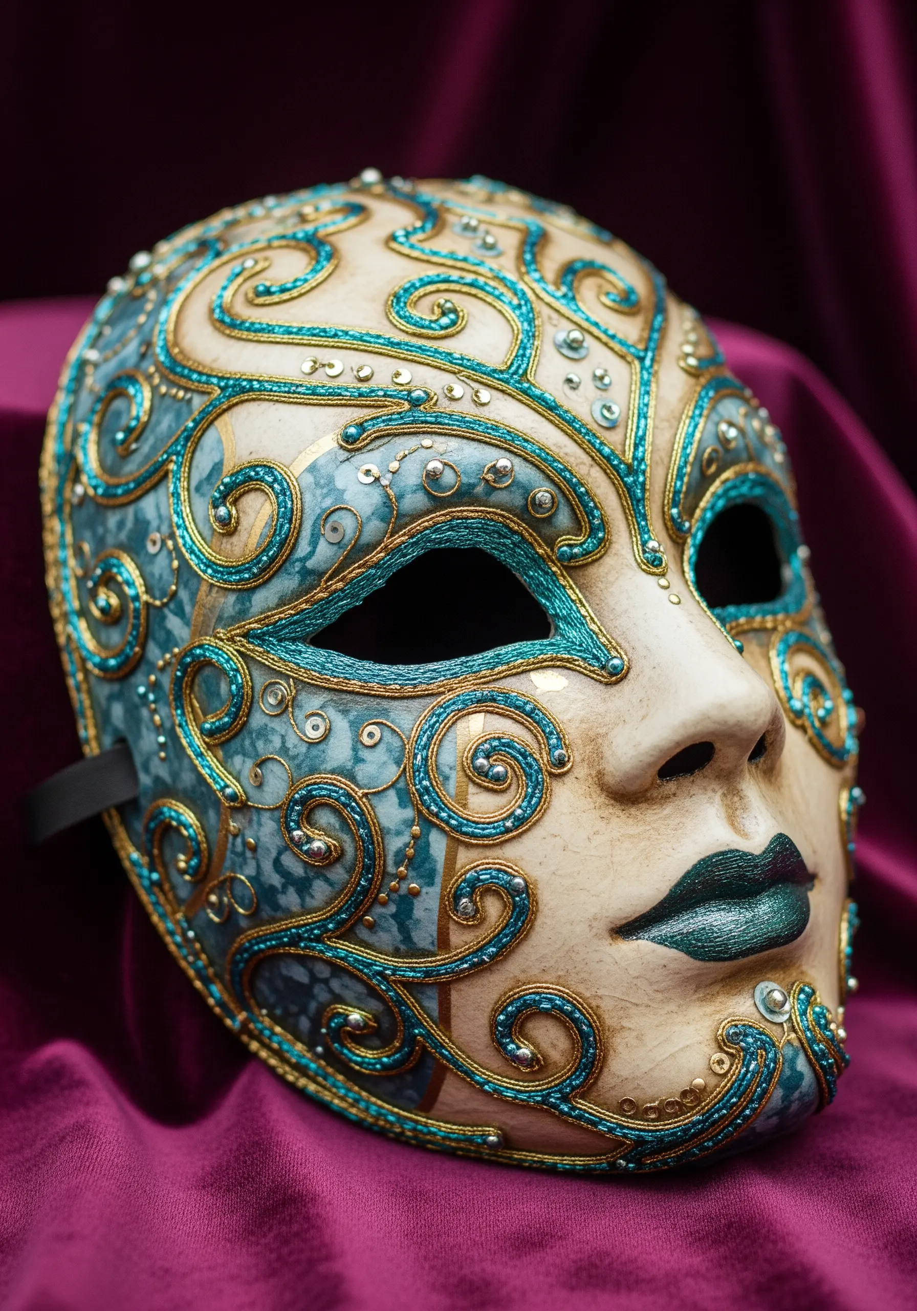 A decorative Venetian mask embellished with couched turquoise cords, gold thread, and beads.