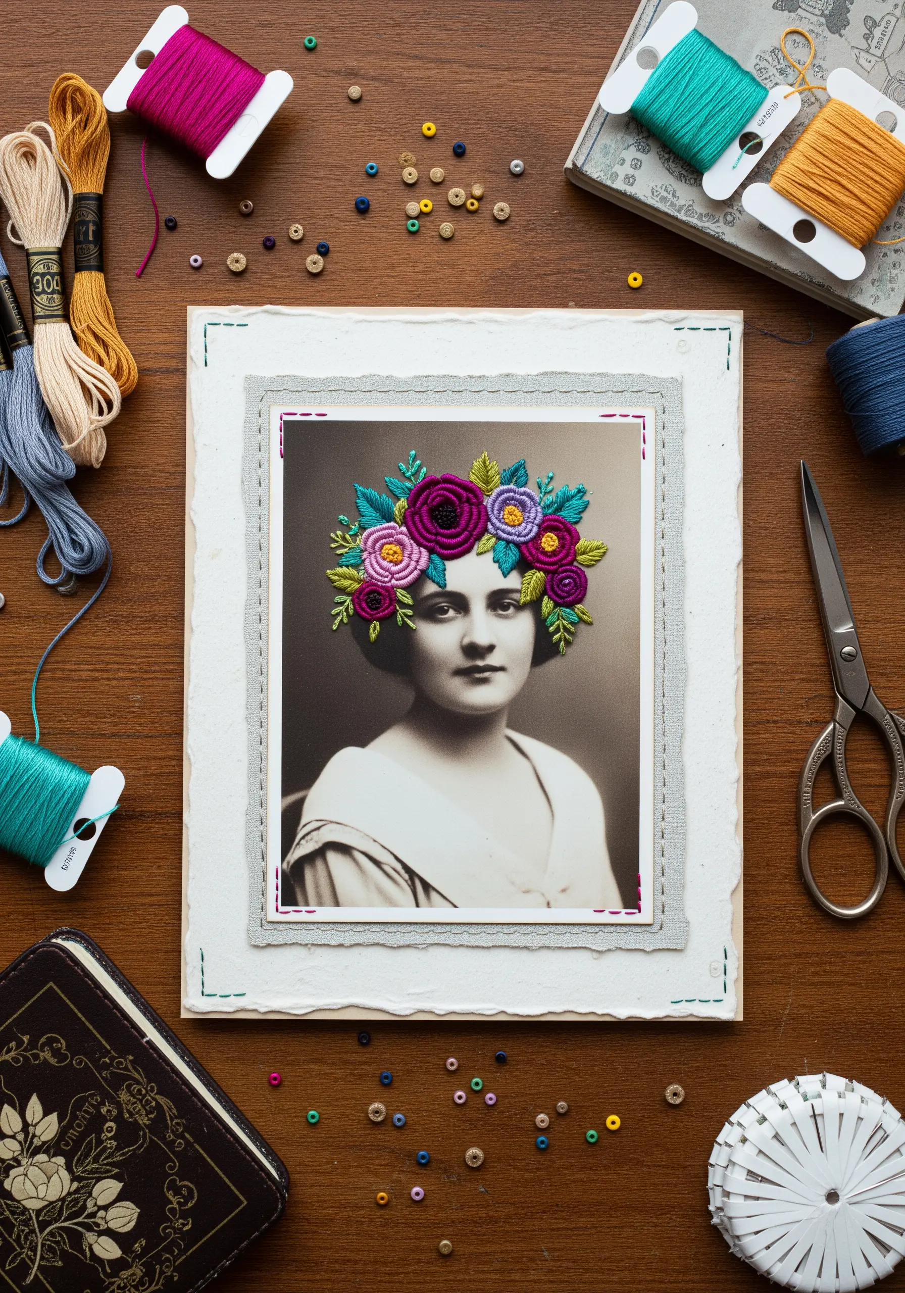 Colorful floral crown embroidered directly onto a vintage black-and-white portrait.