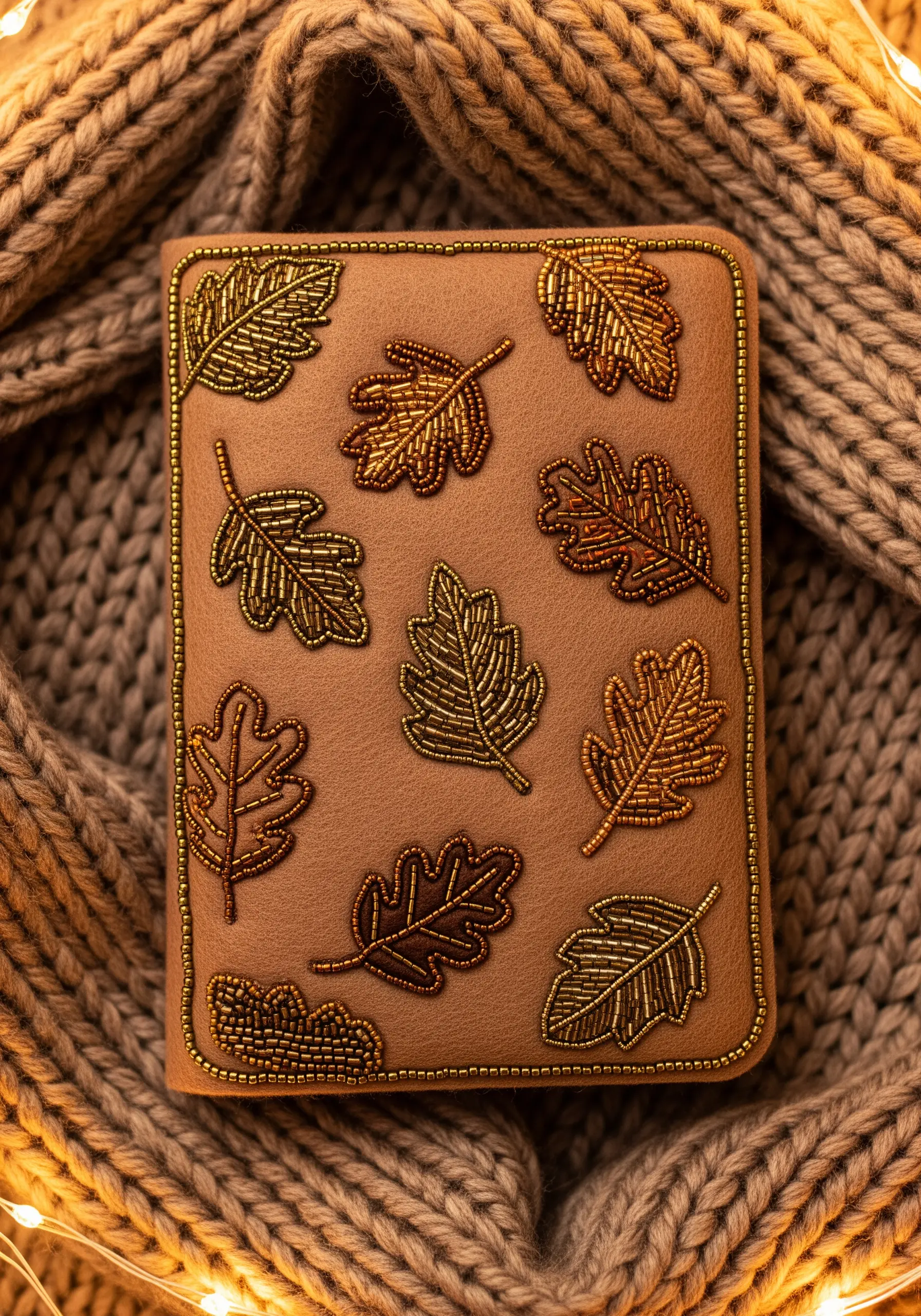 Scattered oak leaves on a brown journal, filled with metallic seed beads.