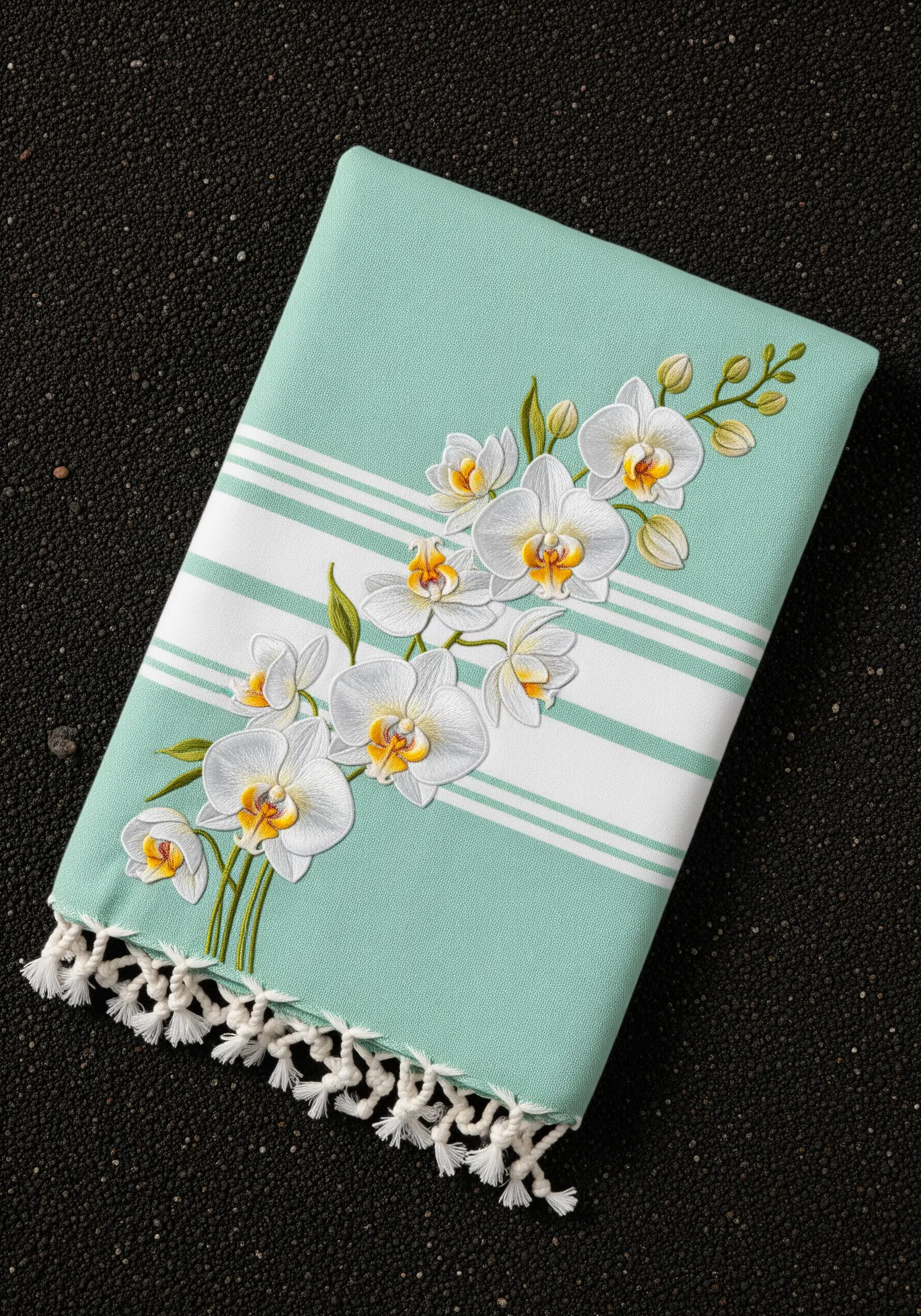 A cascade of realistic white and yellow Phalaenopsis orchids embroidered on a mint green towel.