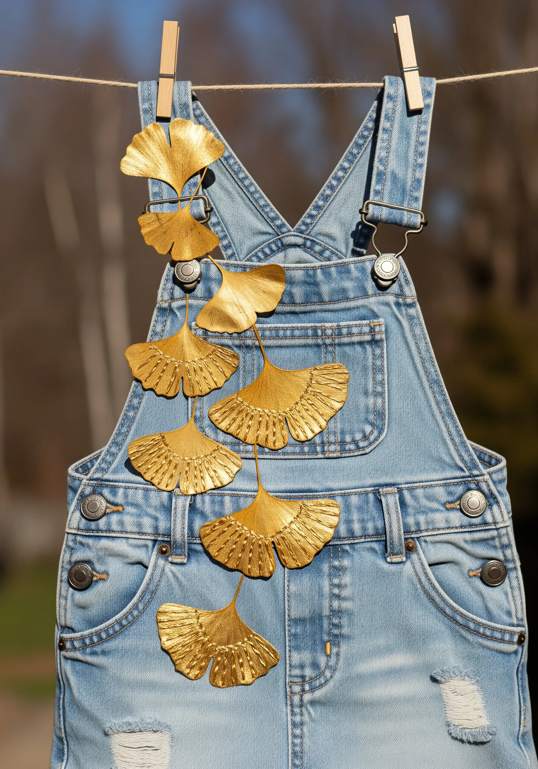 A cascade of golden, metallic ginkgo leaf appliqués stitched onto the front of denim overalls.