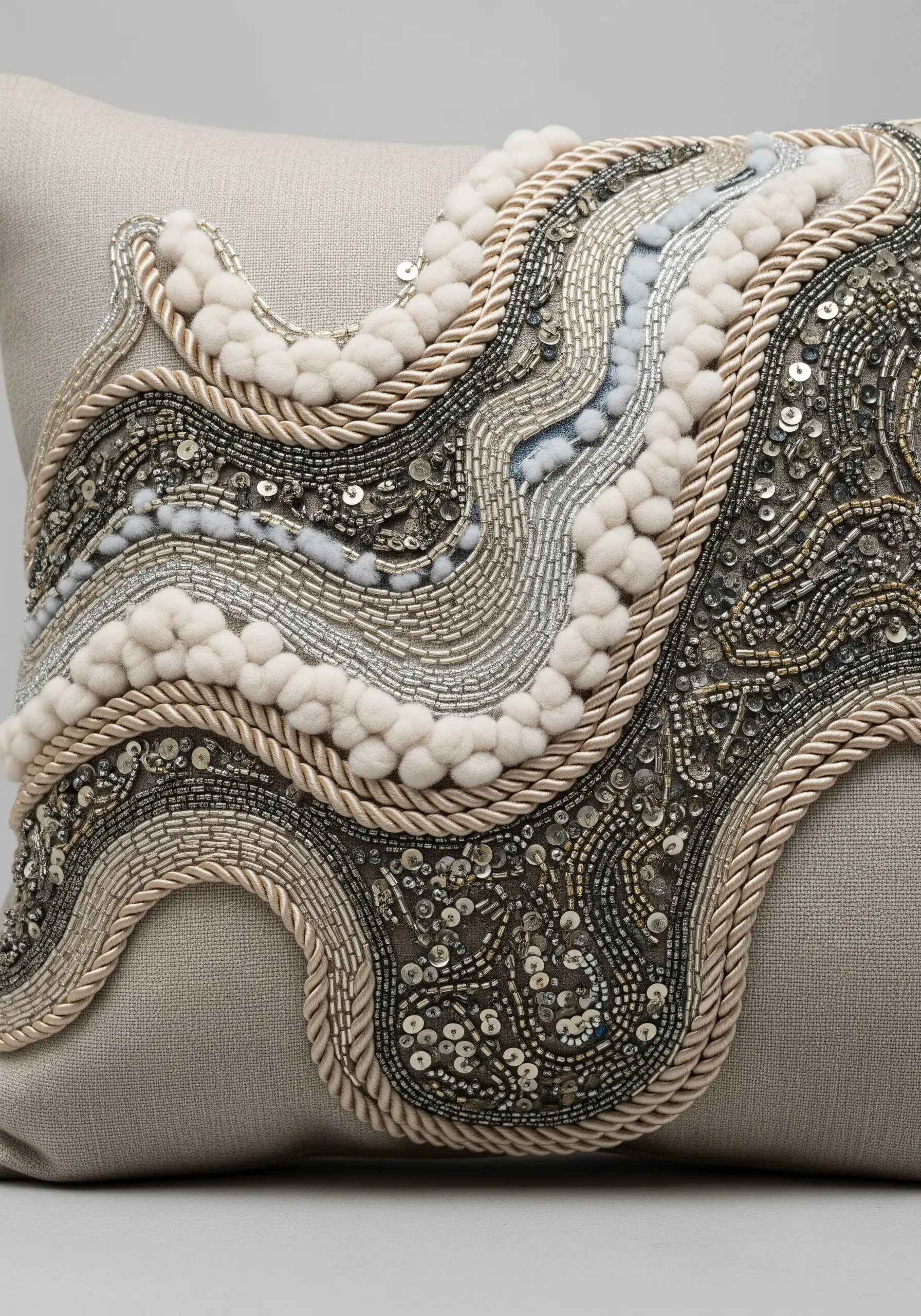 A highly embellished cushion with flowing lines of cording, beads, and felt balls.