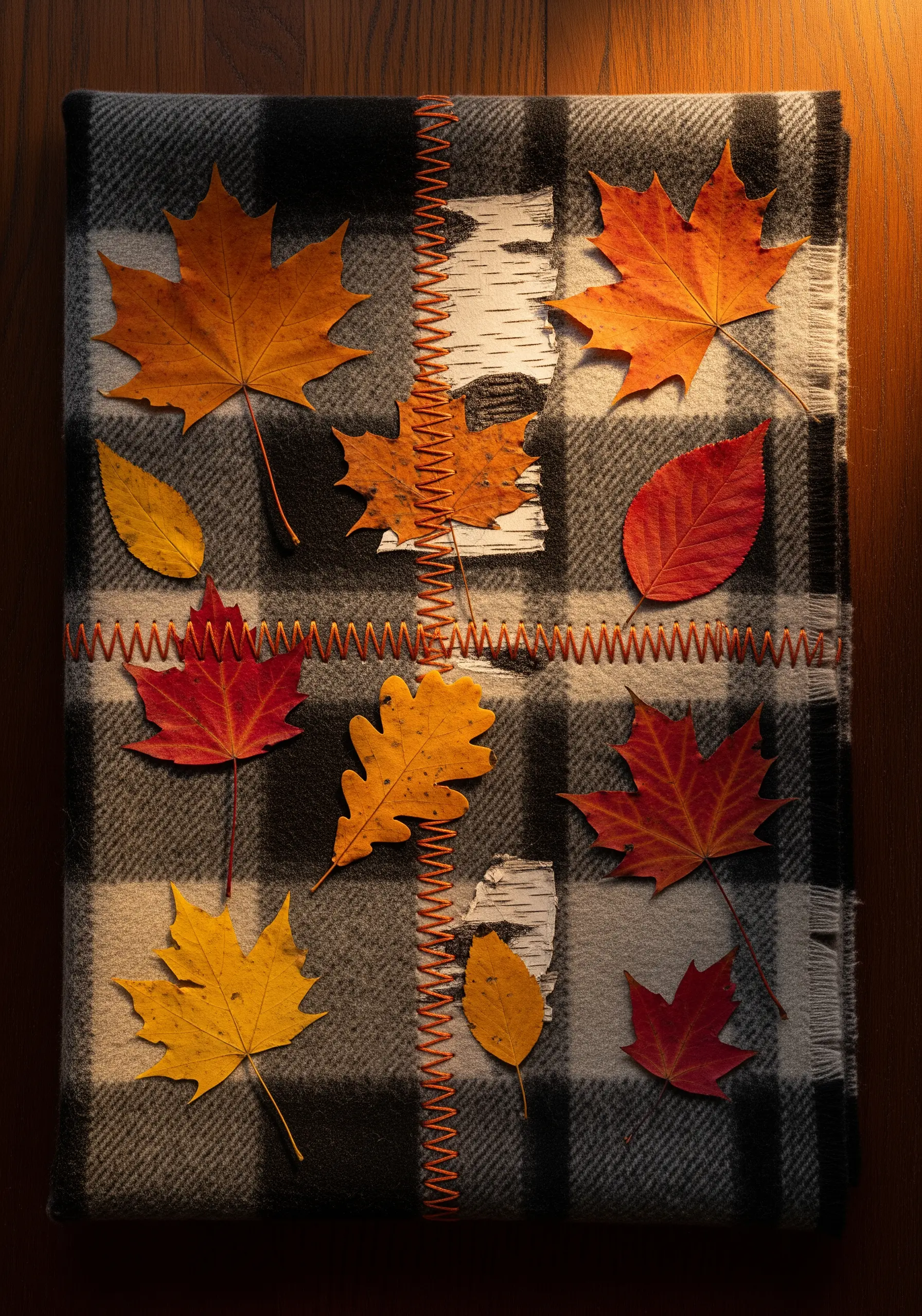 A plaid wool blanket decorated with real autumn leaves and stitched fabric patches.