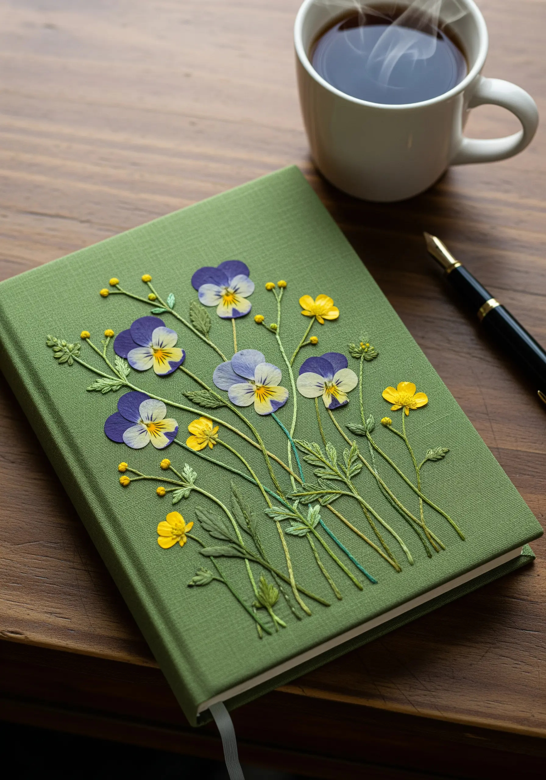 A green linen journal cover decorated with pressed pansies and embroidered stems.