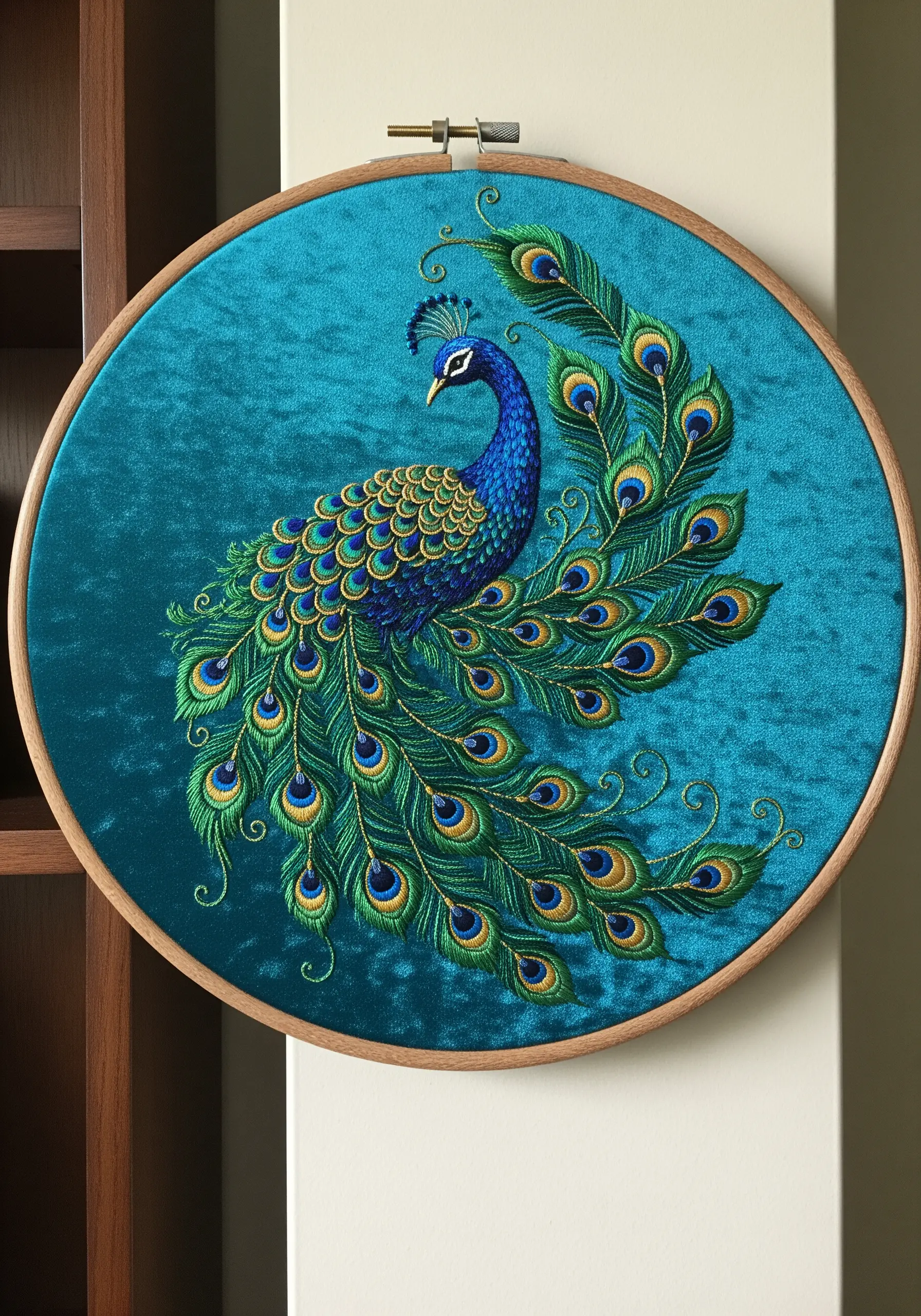 A detailed embroidered peacock with iridescent feathers stitched on a rich teal velvet fabric.