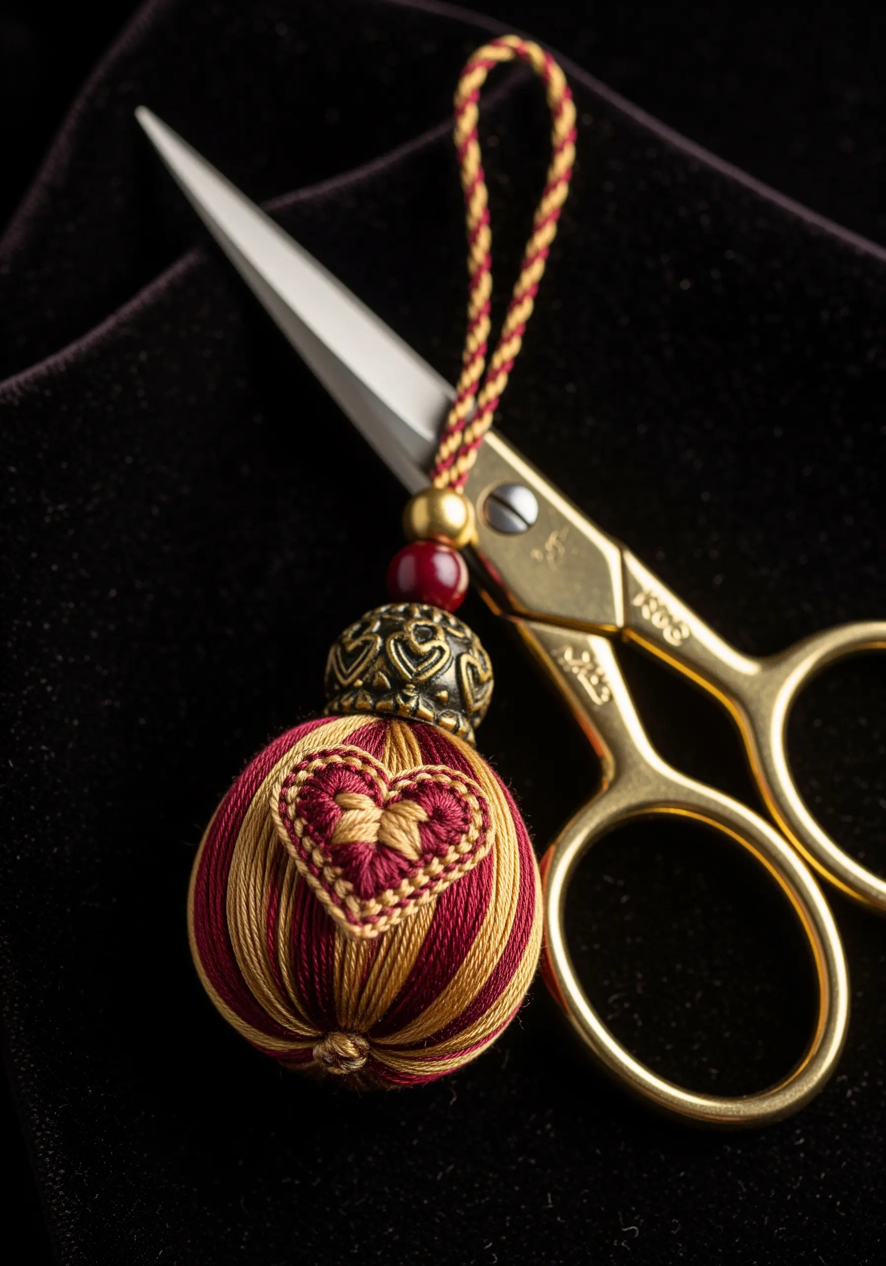 An ornate red and gold scissor fob with a tiny embroidered heart, attached to scissors
