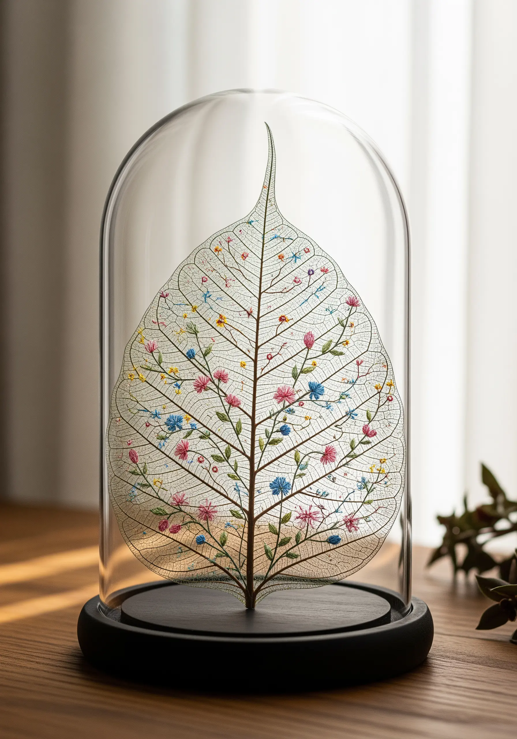 A preserved skeleton leaf carefully embellished with tiny embroidered flowers along its delicate veins.