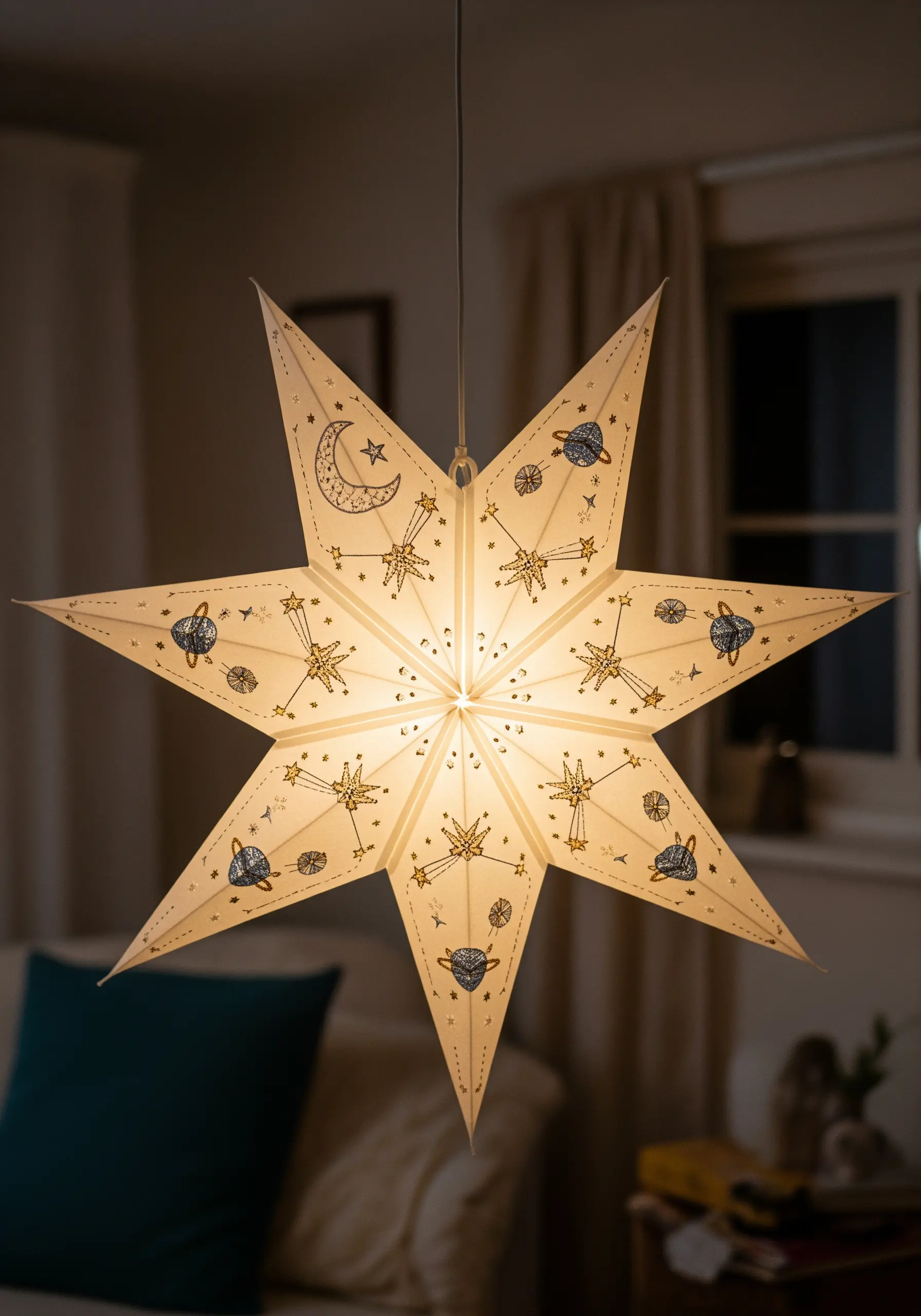 A hanging paper star lantern illuminated from within, featuring cosmic embroidery.