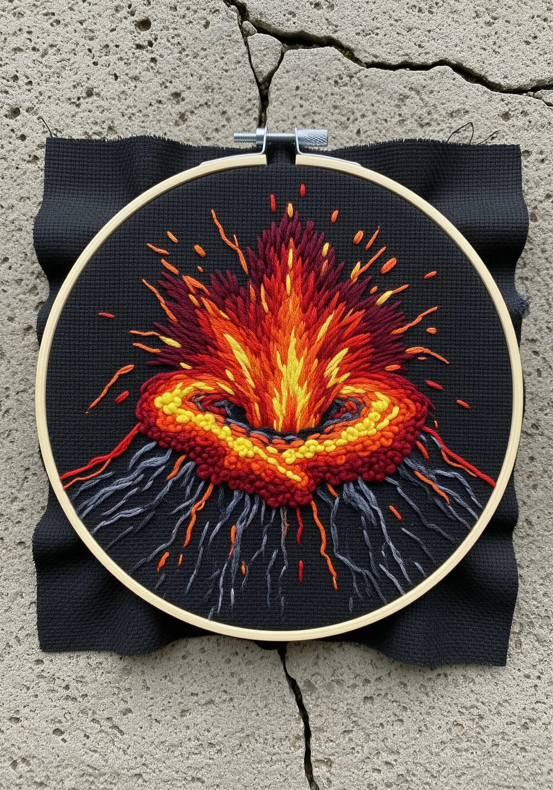 An embroidered volcano erupting with textured red and yellow threads on black fabric.