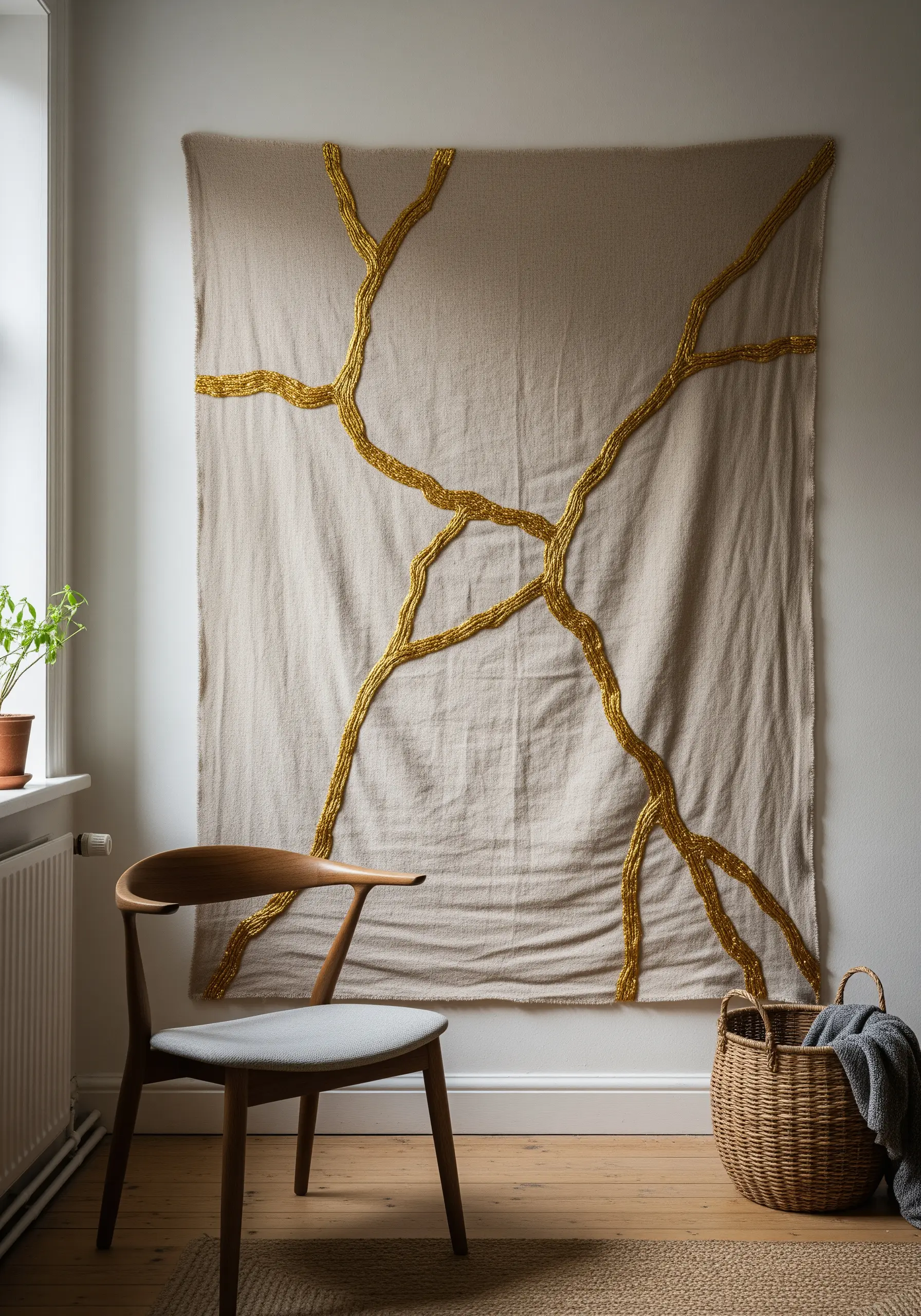 A large linen wall hanging with thick, raised lines of gold embroidery in a Kintsugi-style pattern.