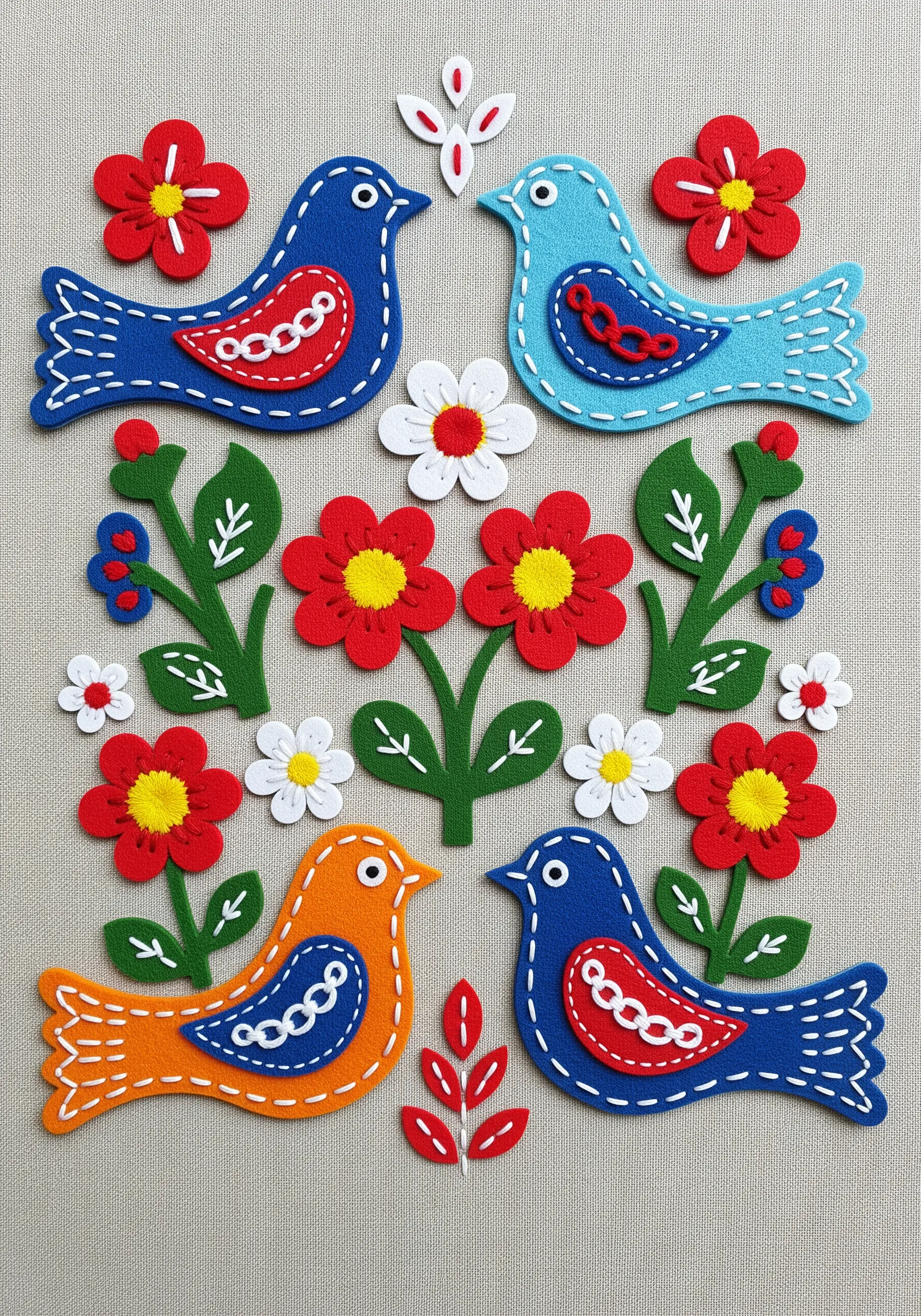 Folk-art style birds and flowers made from colorful felt with bold, decorative white stitching.