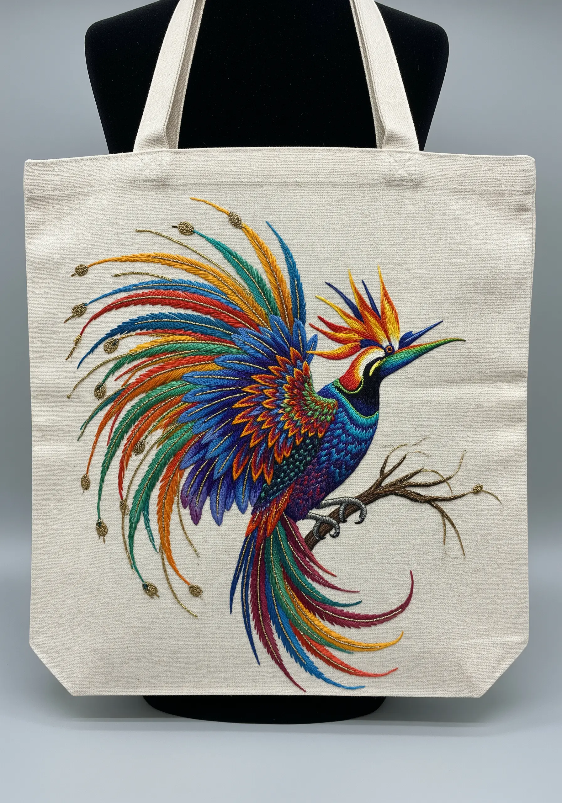 An intensely colorful, fantasy-style bird of paradise with a rainbow of feathers.