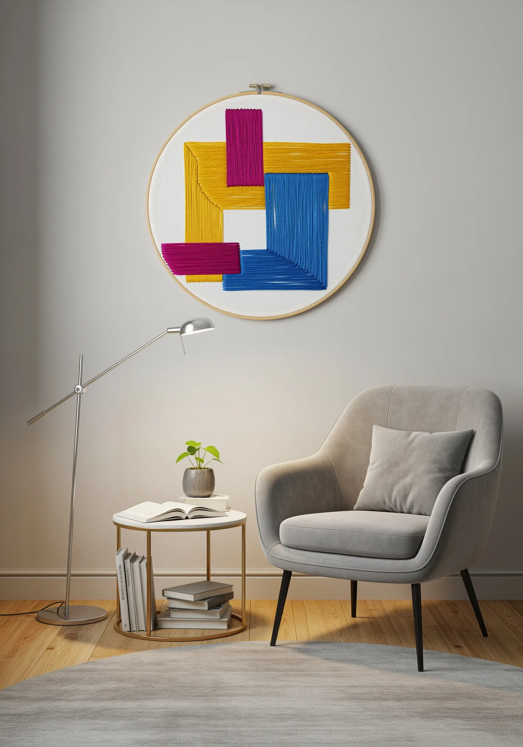 Large embroidery hoop with abstract, overlapping blocks of blue, magenta, and yellow satin stitch.