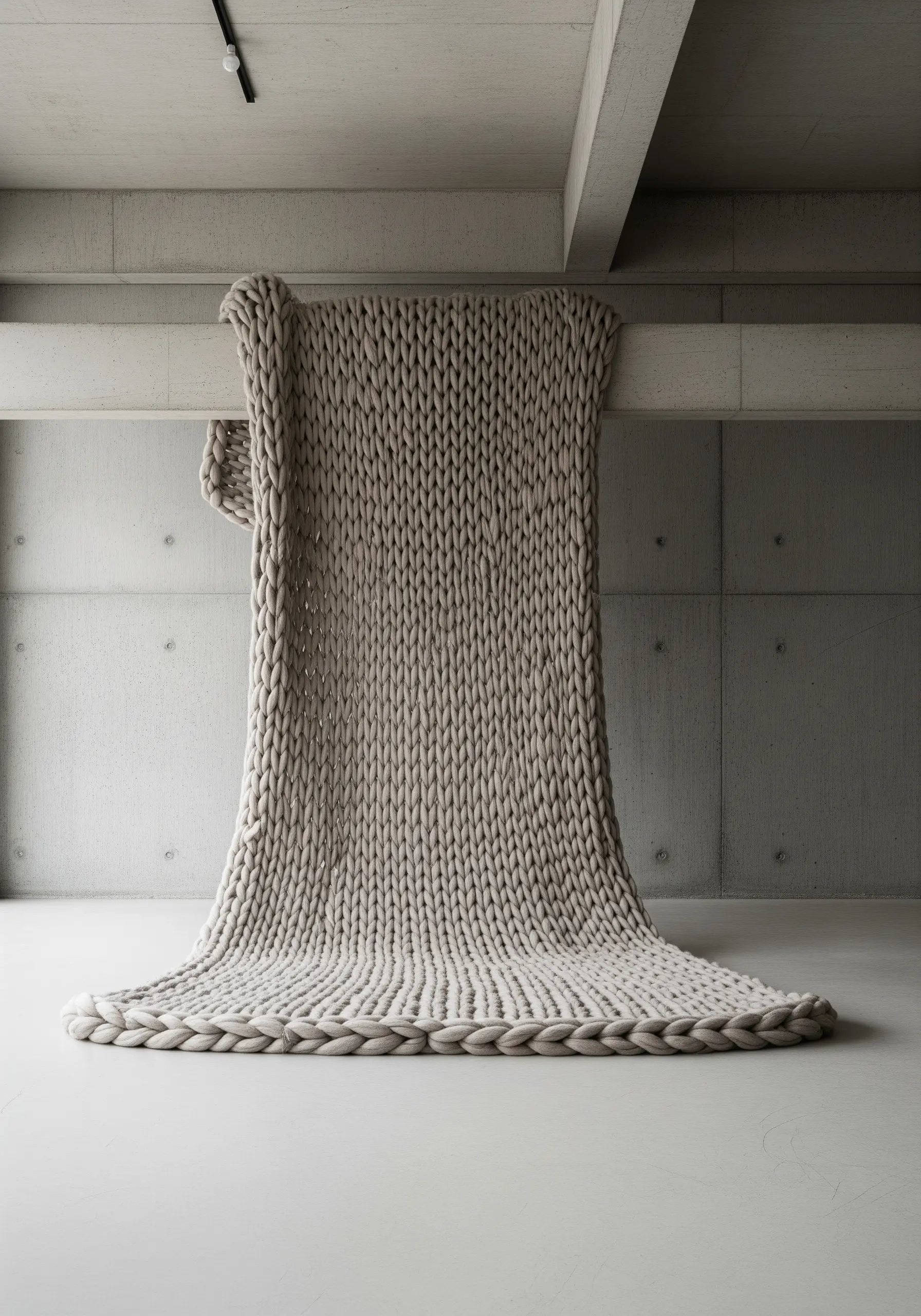 A massive, chunky-knit piece made with neutral-colored yarn is draped over a concrete beam.