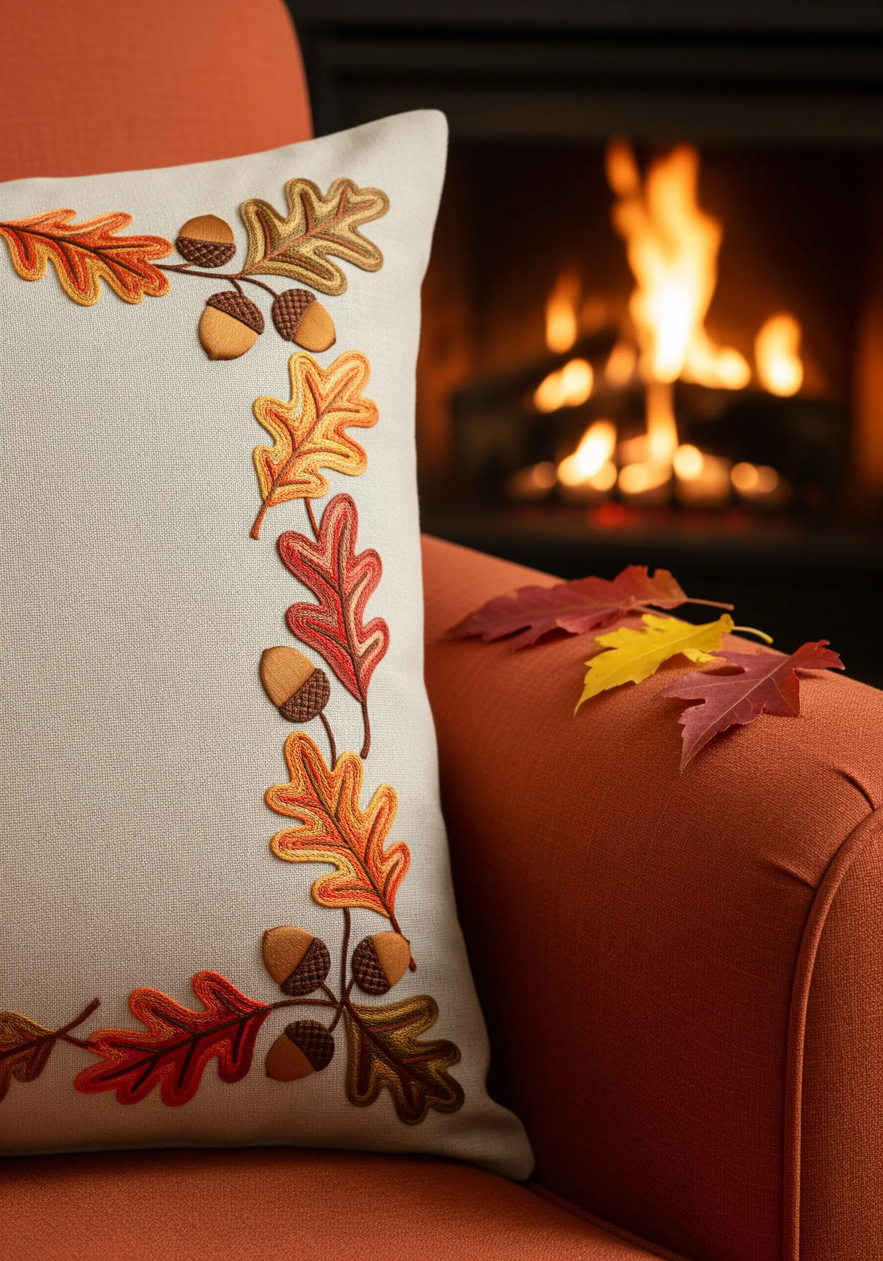 A pillowcase border of autumn oak leaves and acorns in warm colors.