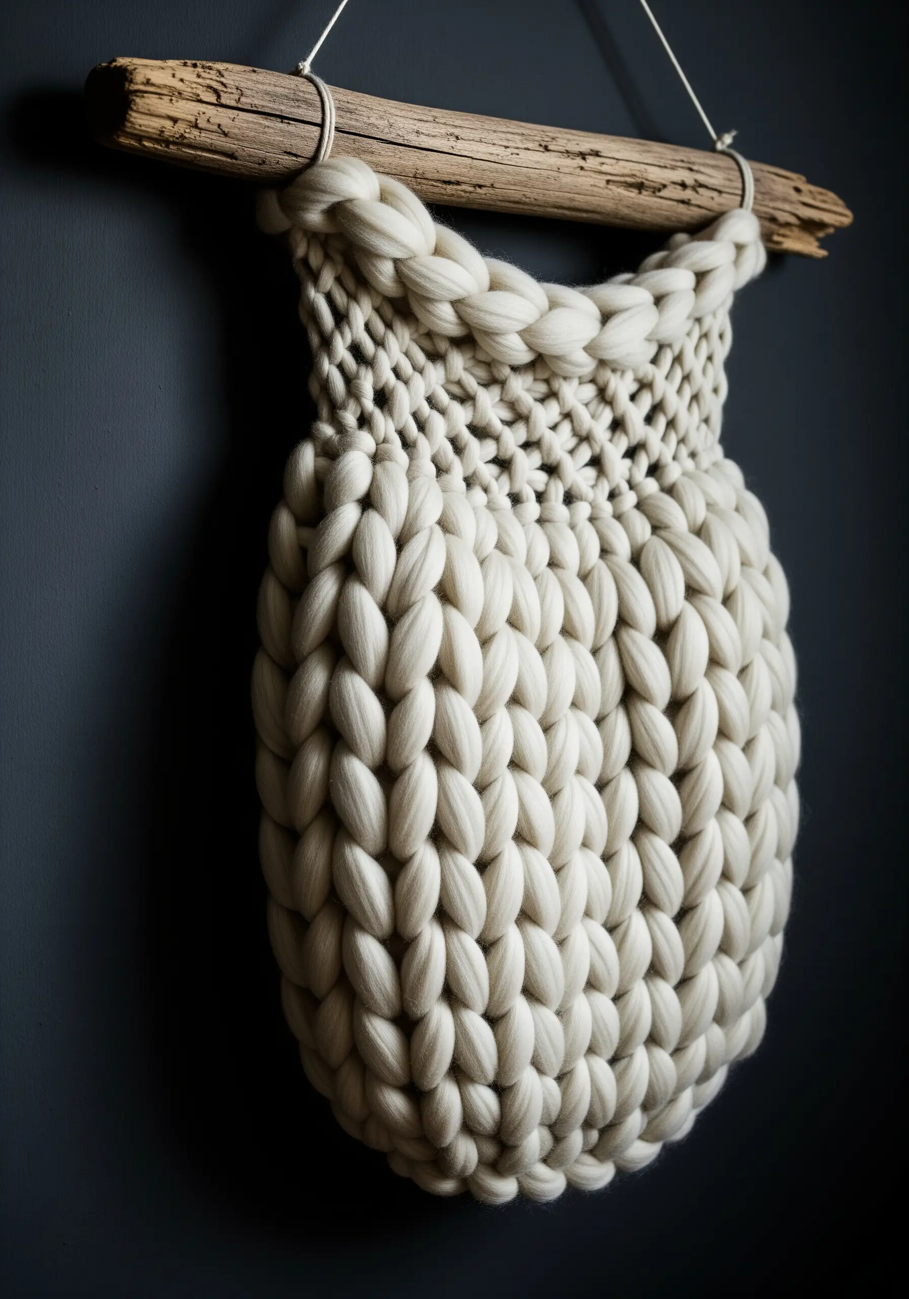 A chunky, oversized knit wall hanging made with white merino wool, hung from a piece of driftwood.