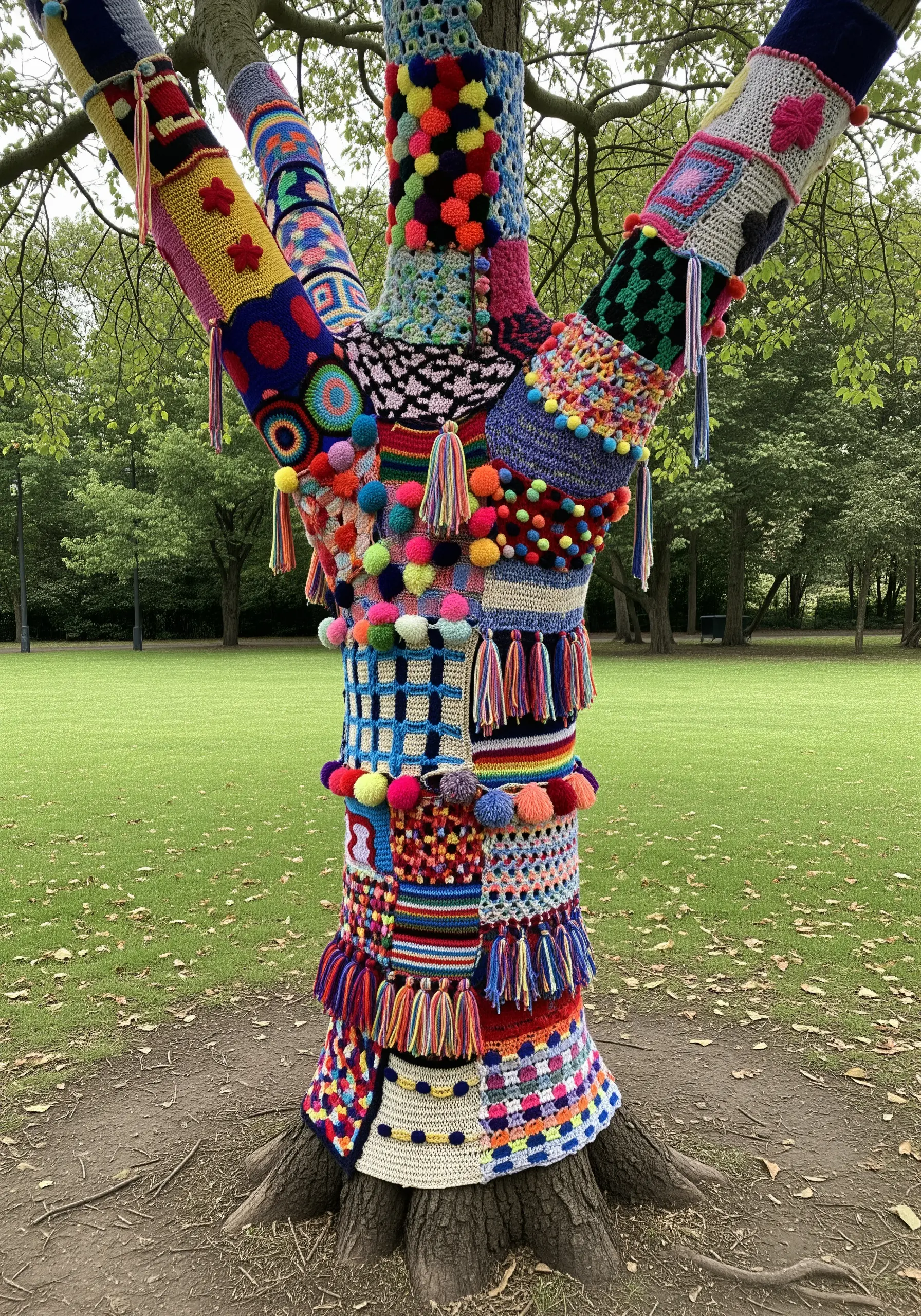 A tree trunk covered in a colorful patchwork of knitted and crocheted 'yarn bomb' art.