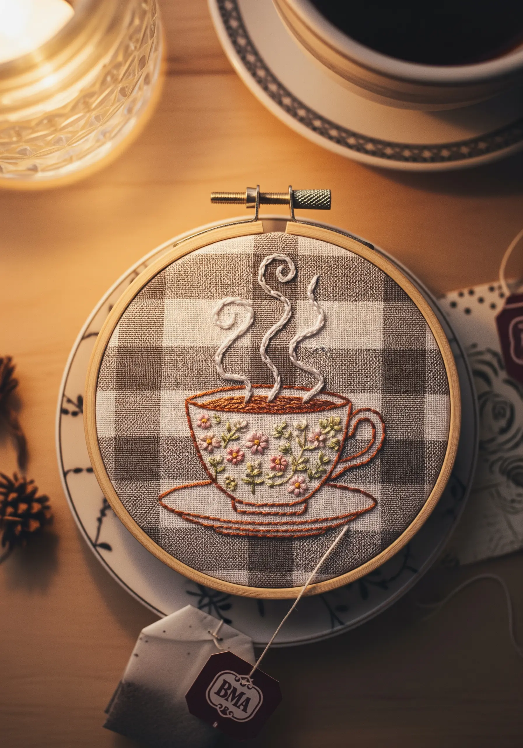 Embroidered teacup with floral details stitched on a brown gingham fabric.