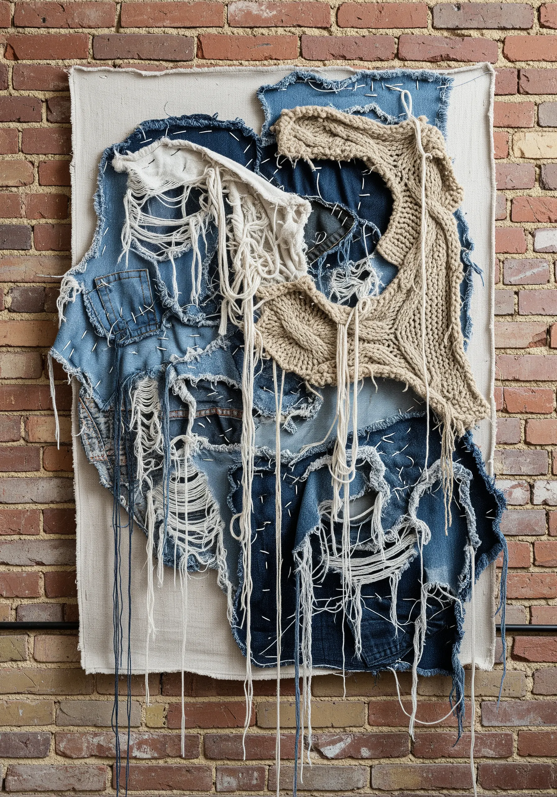 Abstract wall art made from distressed denim, a knit scrap, and long hanging threads.