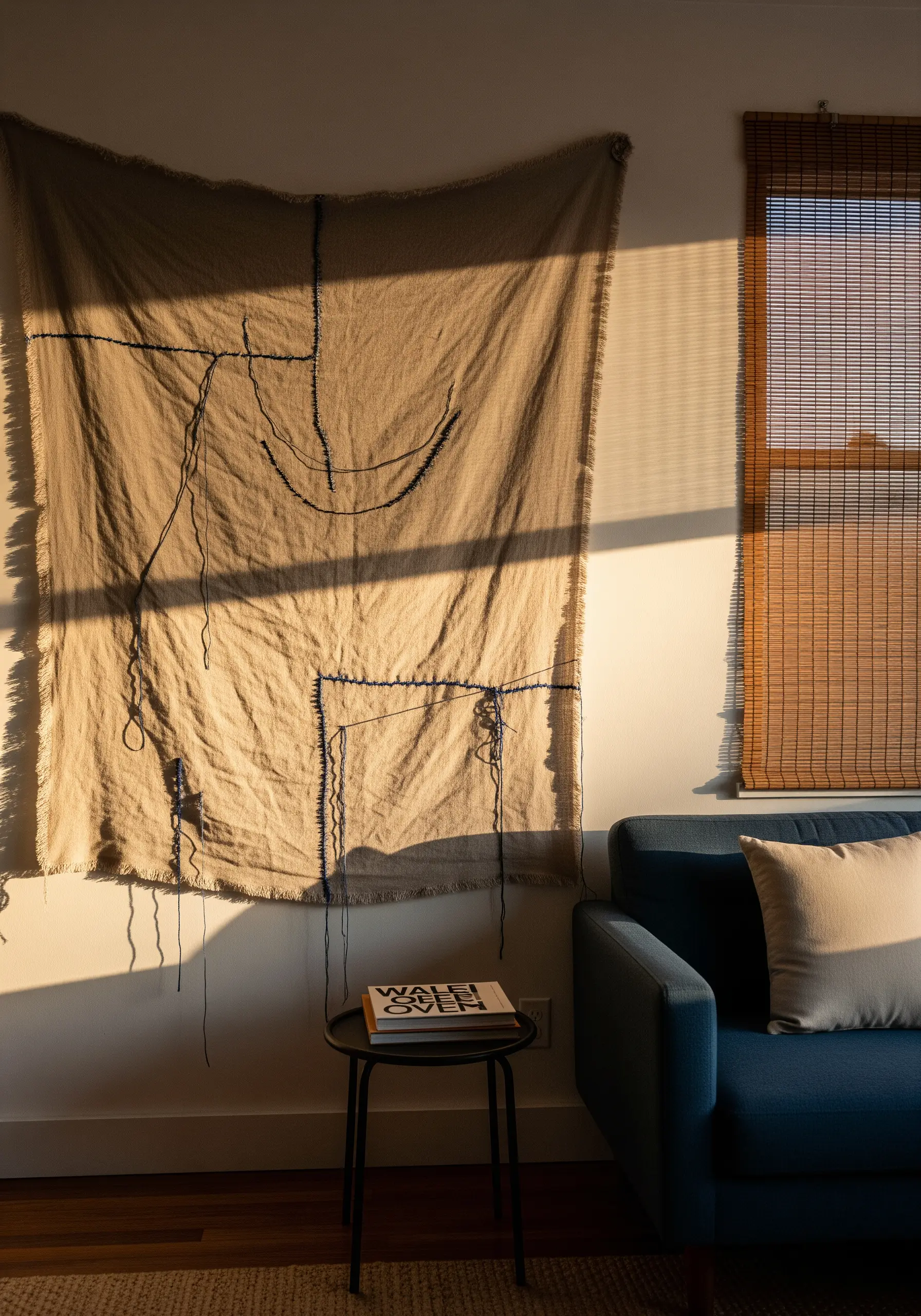 A deconstructed wall hanging made of raw linen with visible, loose stitching in dark thread.