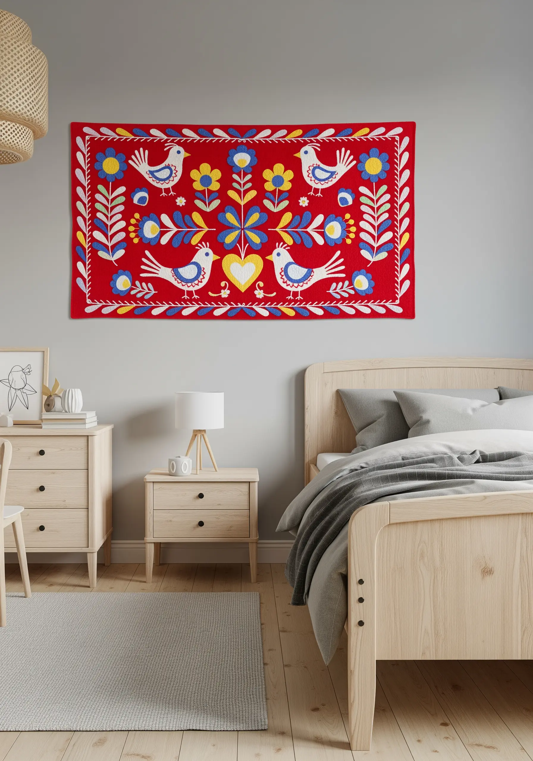 Bright red folk art embroidery with symmetrical birds, flowers, and a central heart.