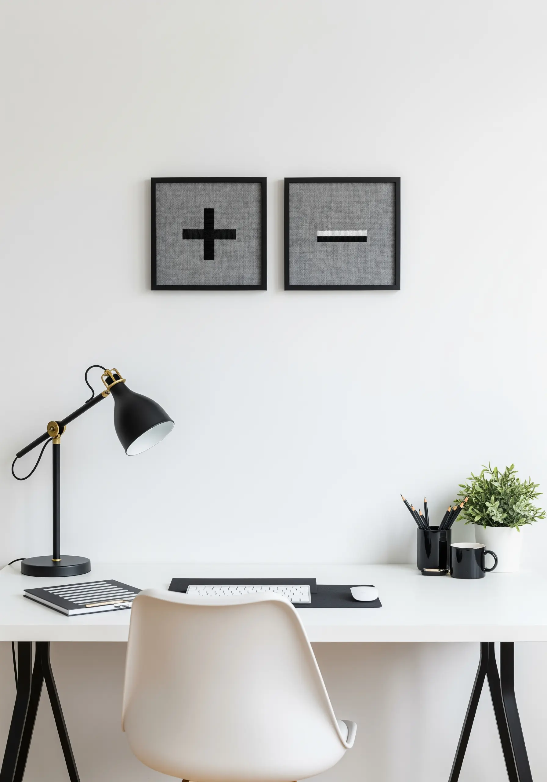 Two framed embroideries, one of a plus sign and one of a minus sign.