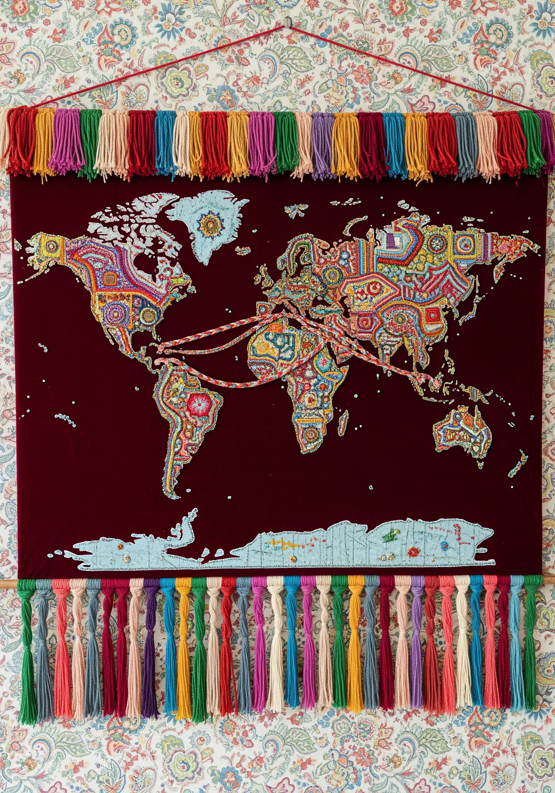 A colorful, heavily beaded and embroidered world map tapestry hanging on a wall.