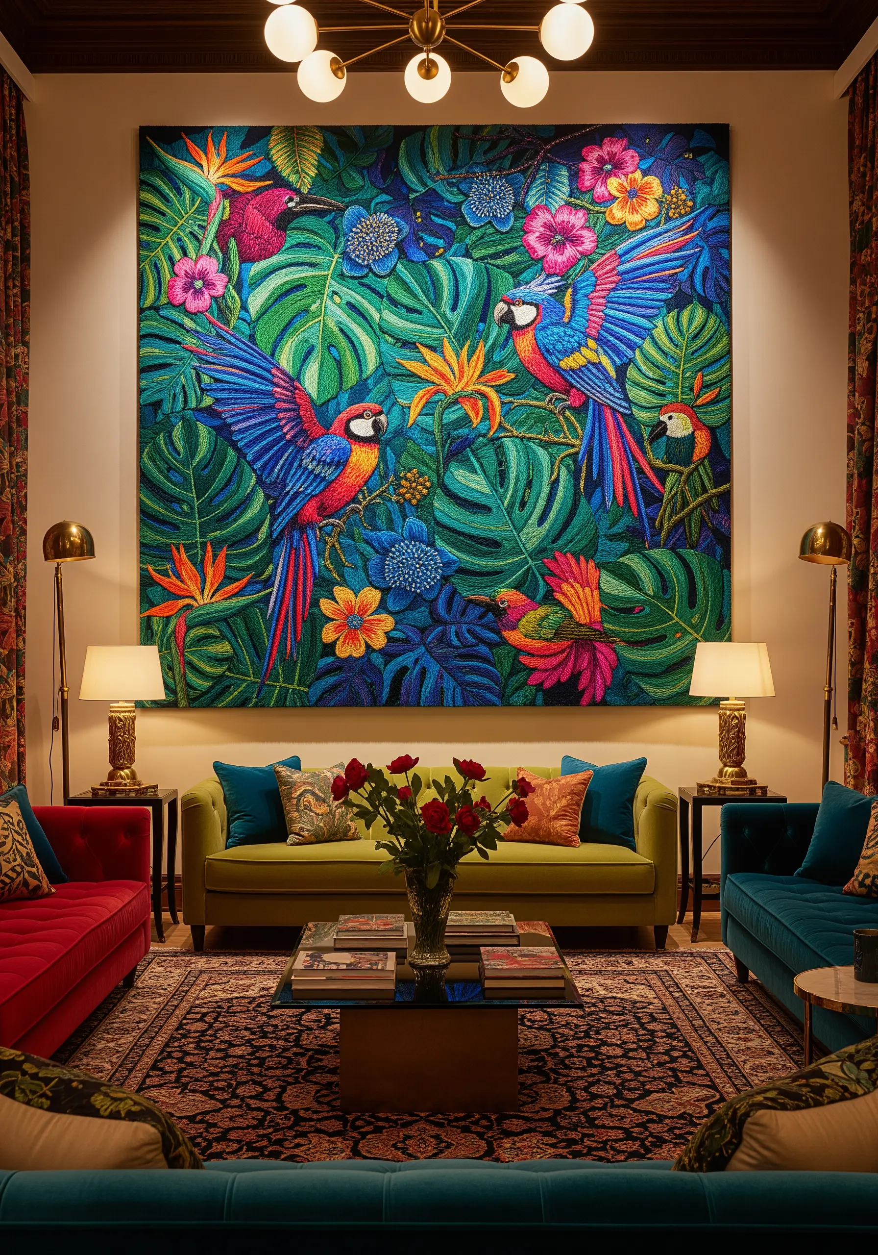 A massive, vibrant embroidery of parrots and tropical flowers covering an entire canvas.