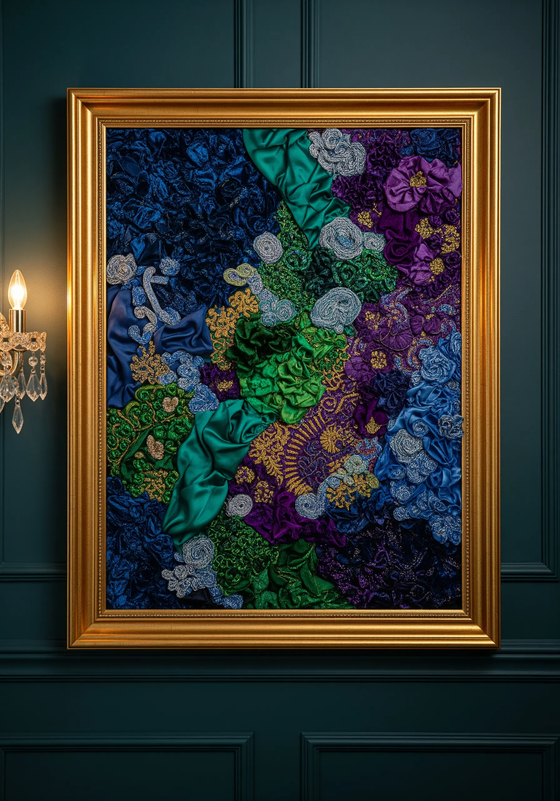 A maximalist fabric collage in a gold frame with jewel-toned velvets, silks, and metallic threads.