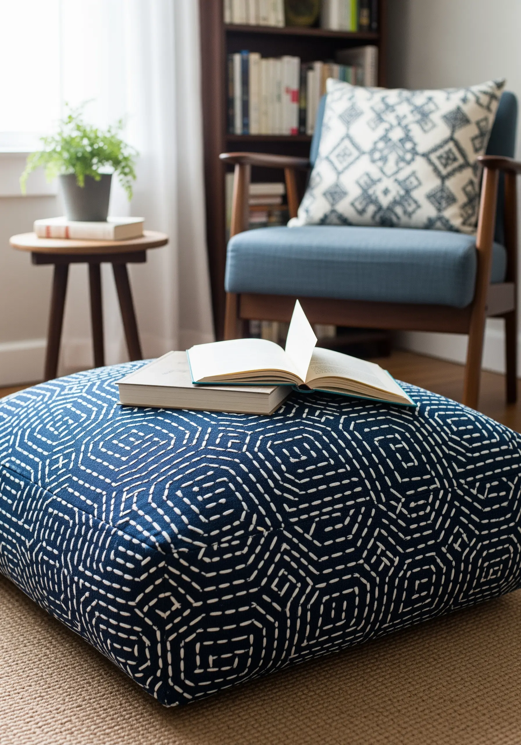 A navy blue floor cushion decorated with a white geometric pattern in the style of Sashiko stitching.