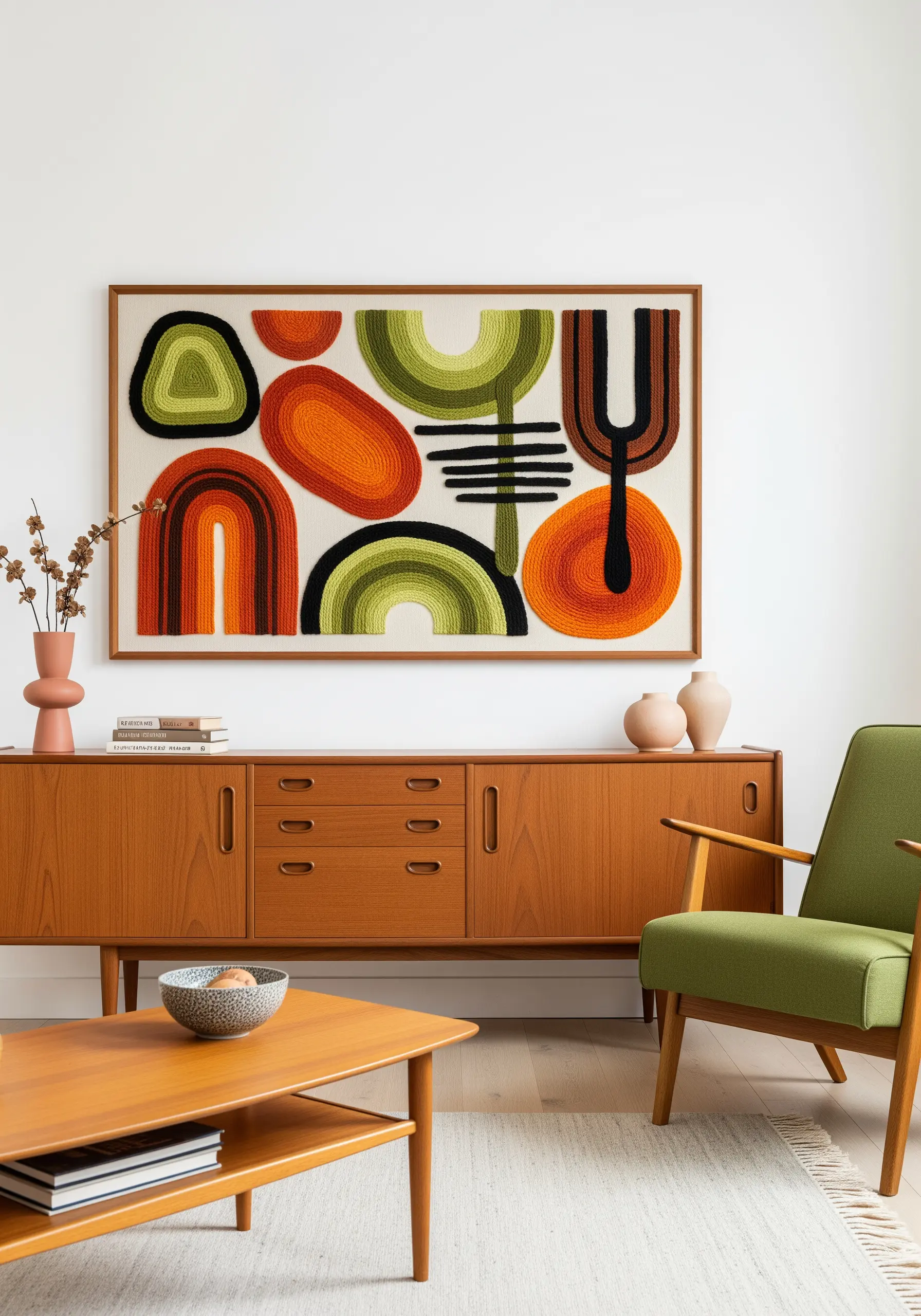 Large framed punch needle artwork with mid-century modern abstract shapes in green, orange, and brown.