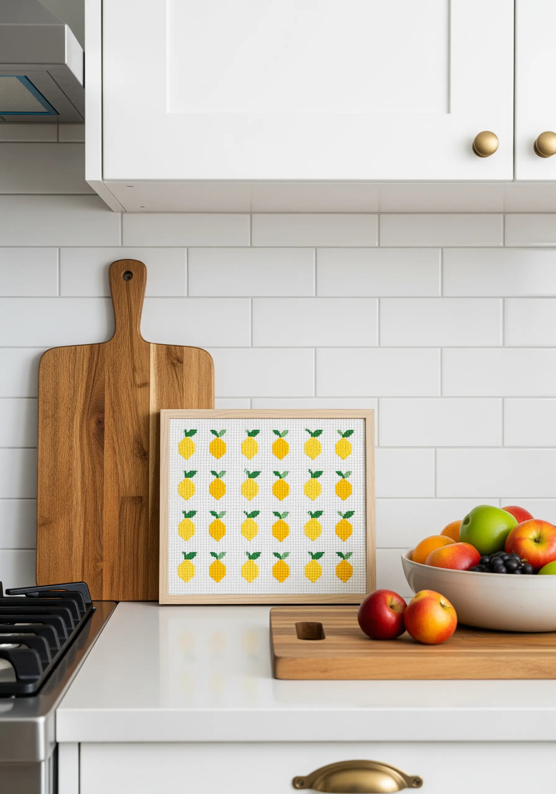 A framed cross-stitch piece with a grid of repeating yellow lemon motifs.