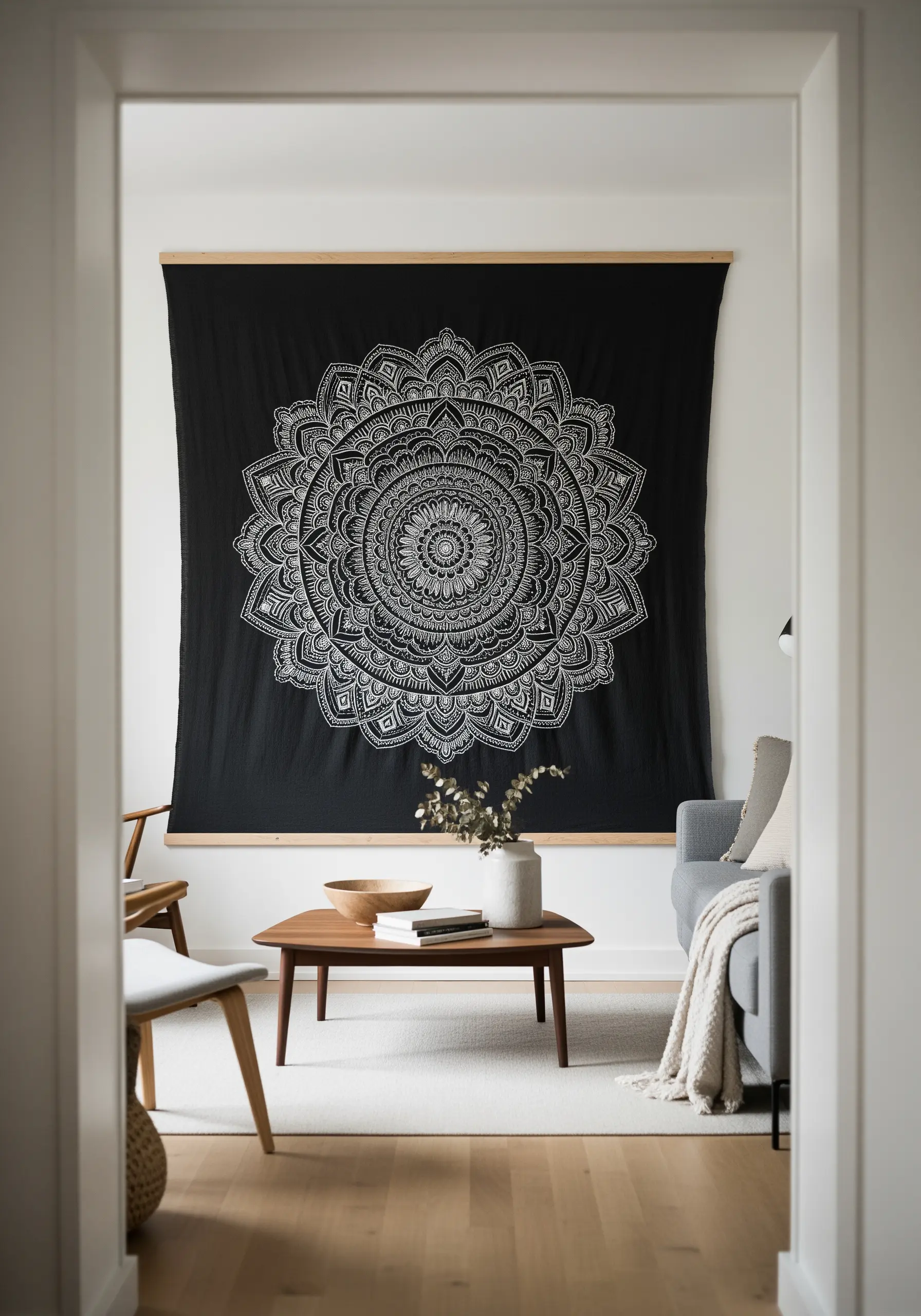 A large, intricate white line-art mandala embroidered on a black fabric wall hanging.