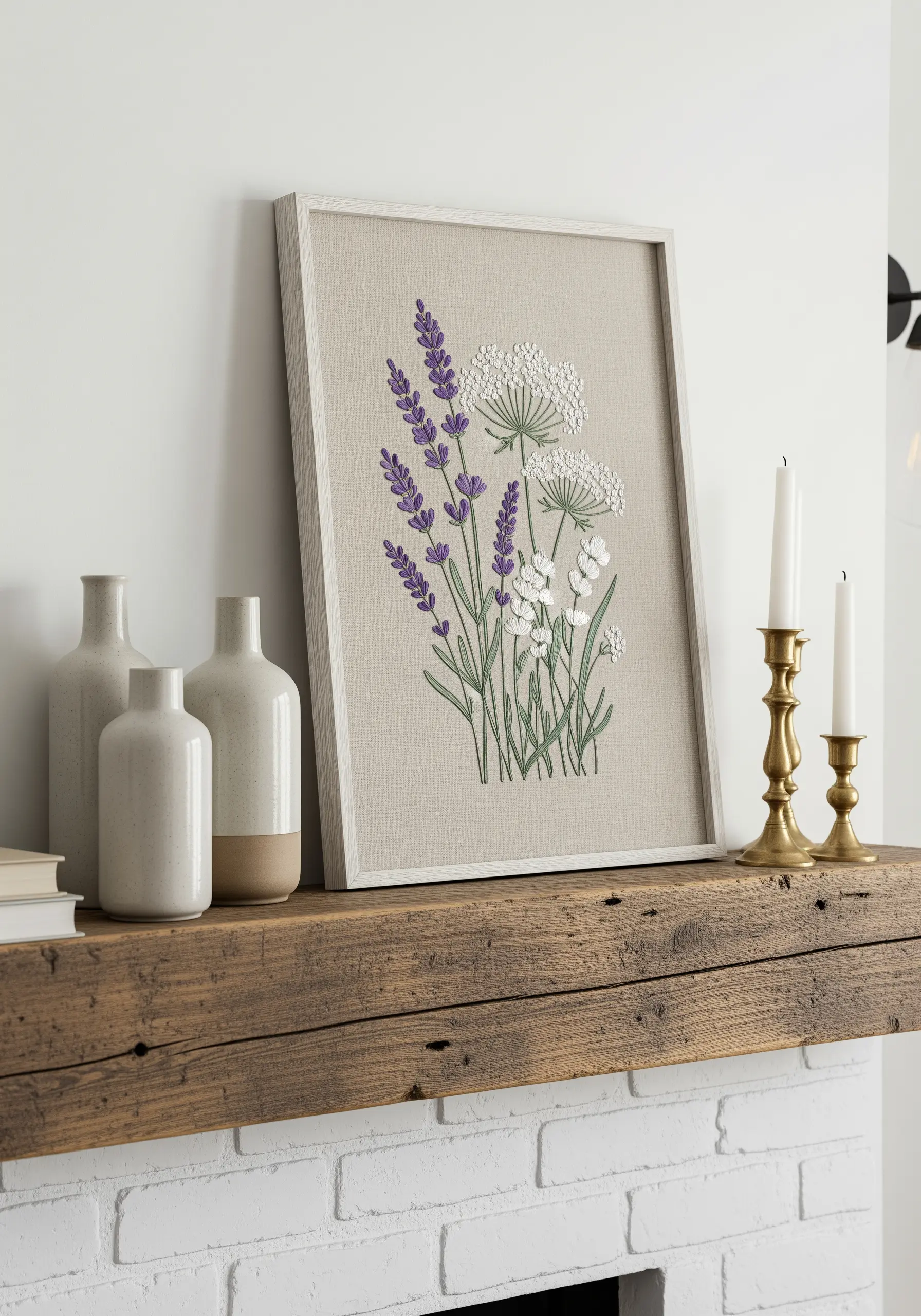 Embroidered lavender and Queen Anne's lace bouquet on a natural linen canvas.