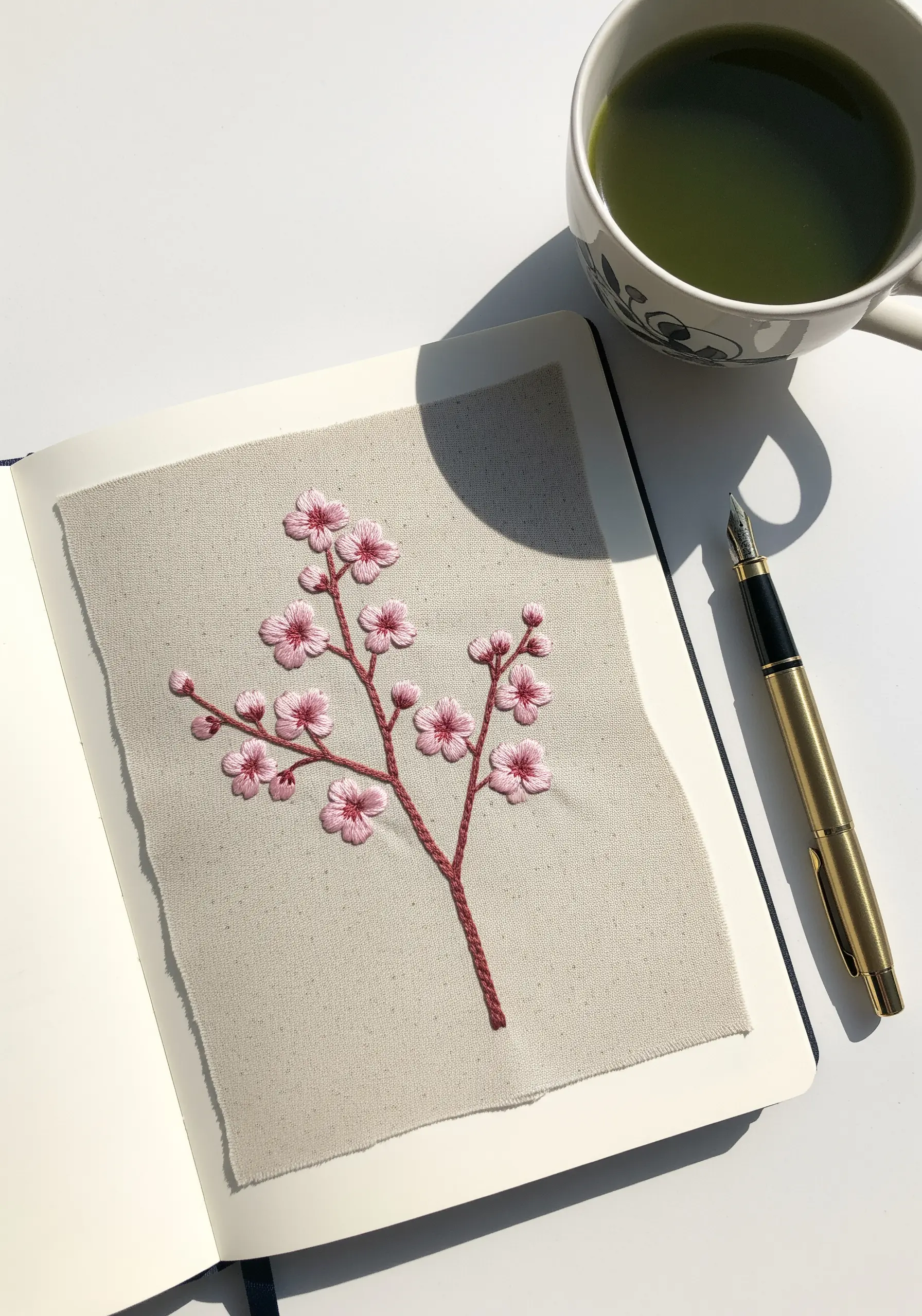 Pink cherry blossom branch embroidered on a scrap of linen with raw edges.