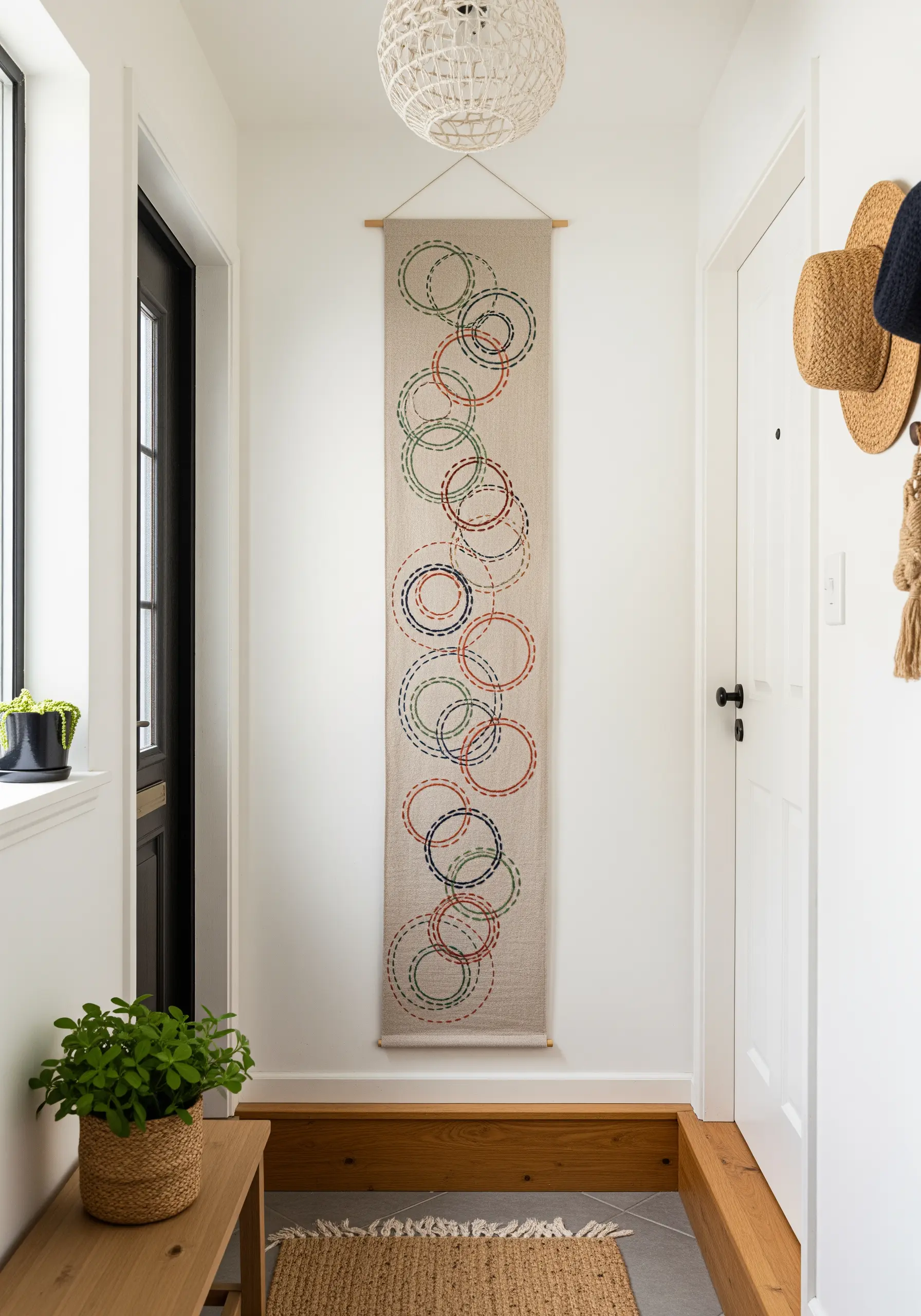 A narrow linen wall hanging decorated with overlapping circles in running stitch.