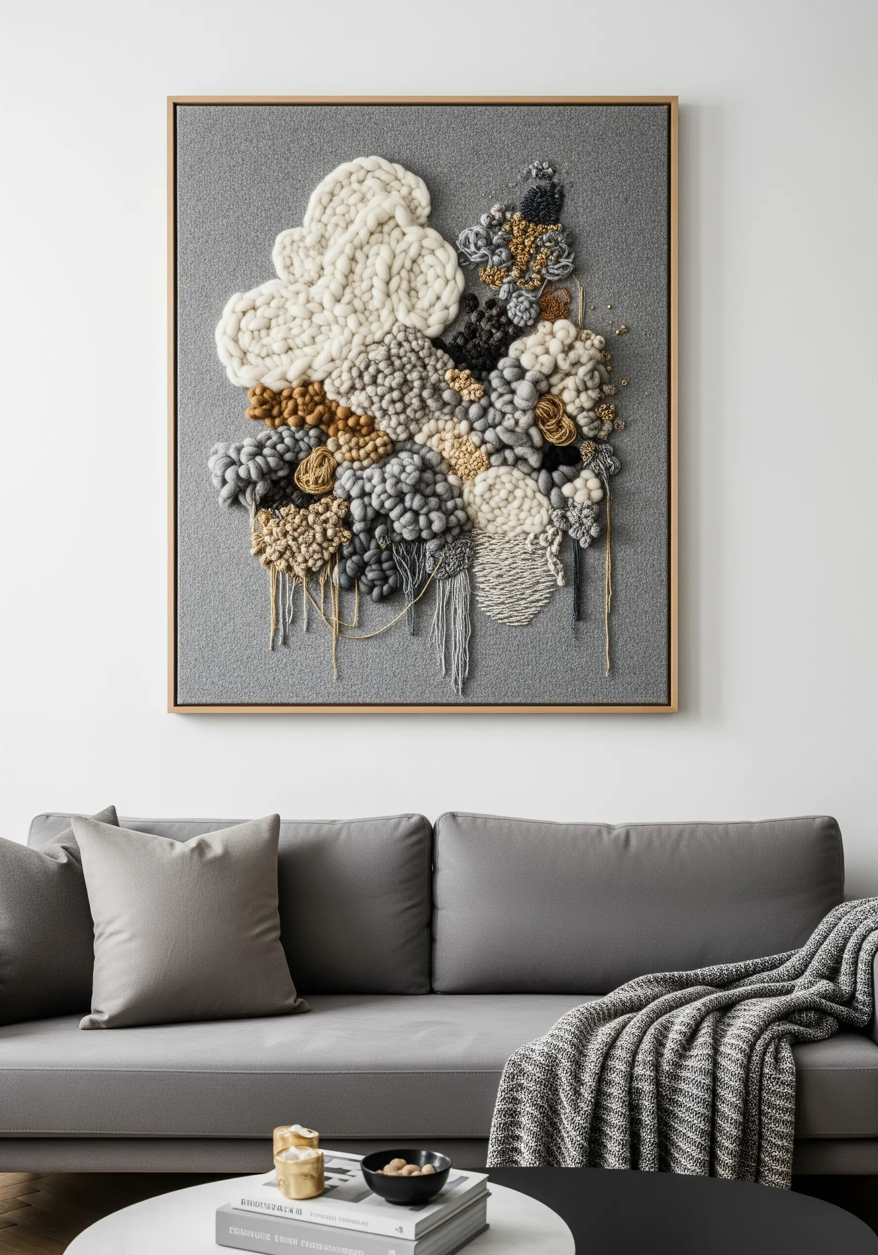 A large, framed abstract fiber art piece with chunky yarns and knots on a grey background.