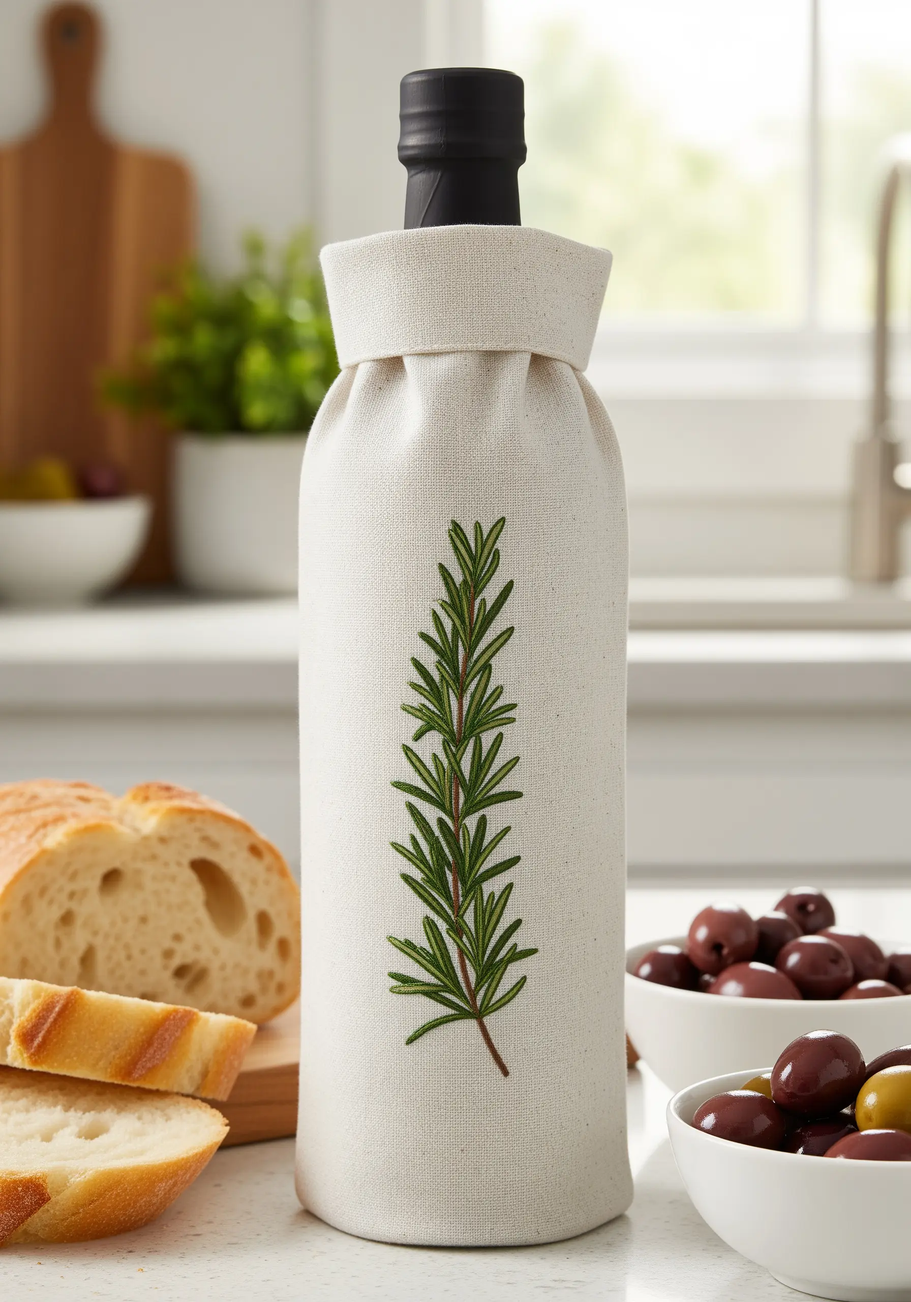 A single embroidered rosemary sprig on a natural linen wine bottle bag.