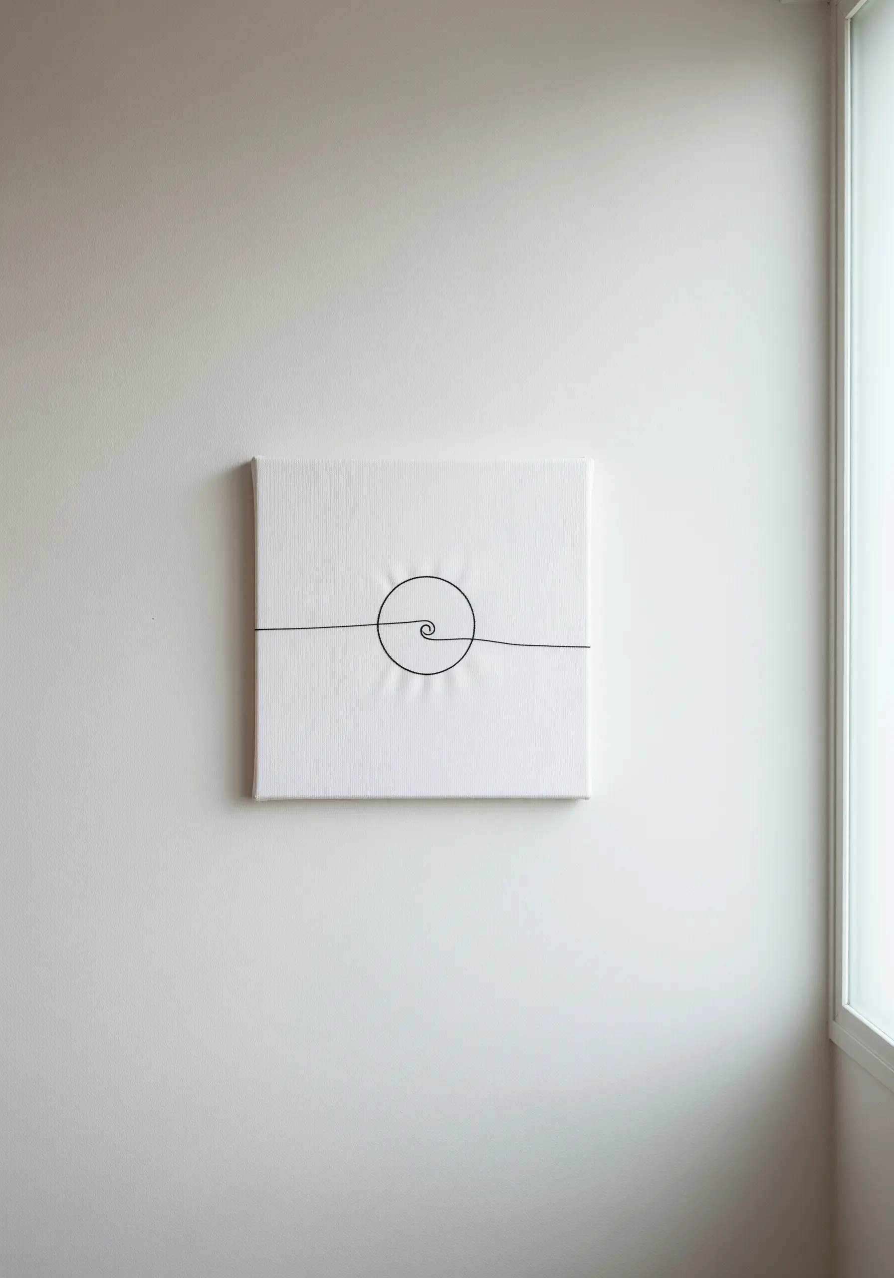 A minimalist white canvas with a single black thread creating a spiral in the center.